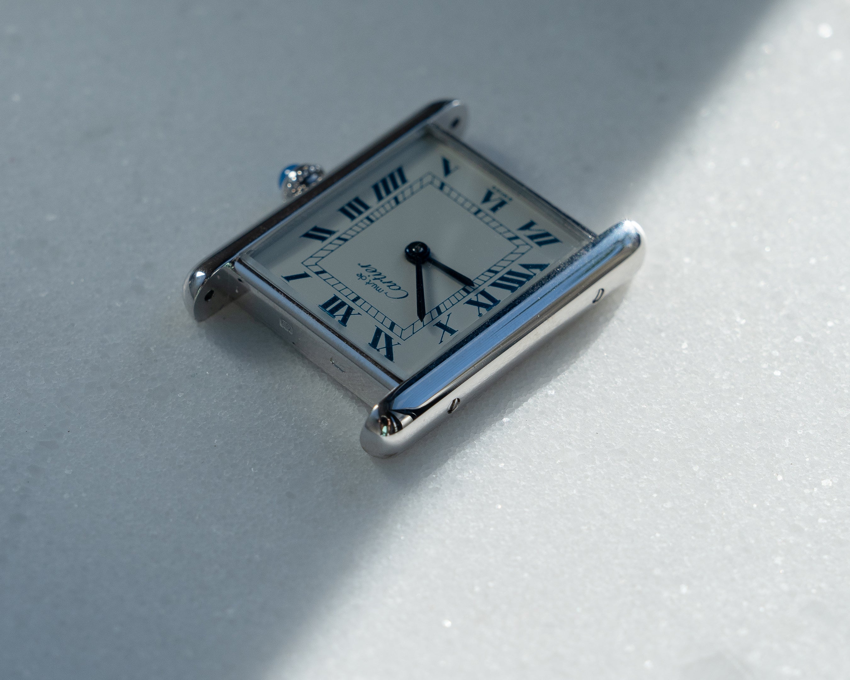 Must de Cartier Tank Blue Roman numberals white dial, LM size, box & papers