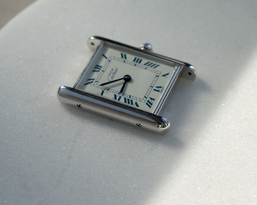 Must de Cartier Tank Blue Roman numberals white dial, LM size, box & papers