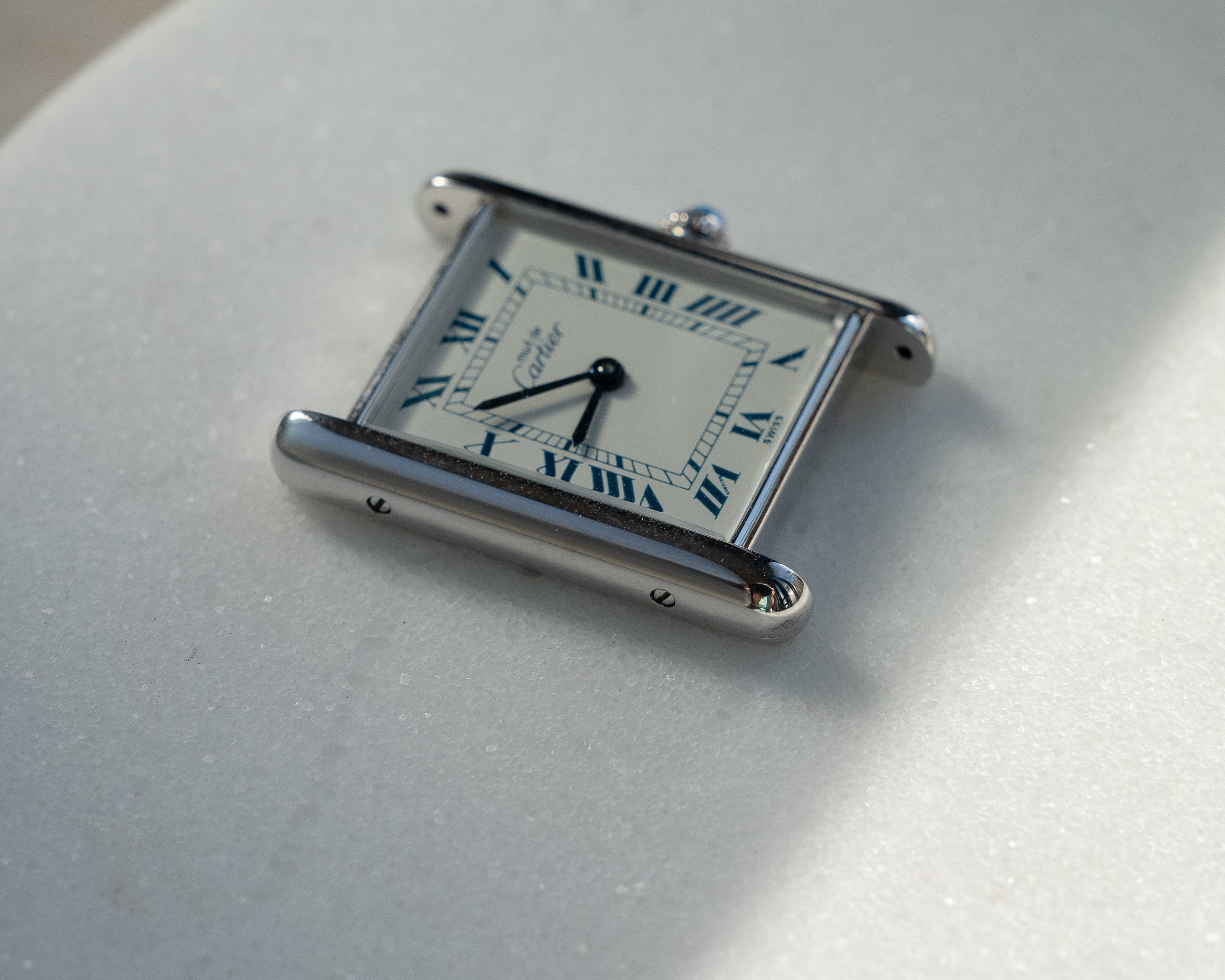 Must de Cartier Tank Blue Roman numberals white dial, LM size, box & papers