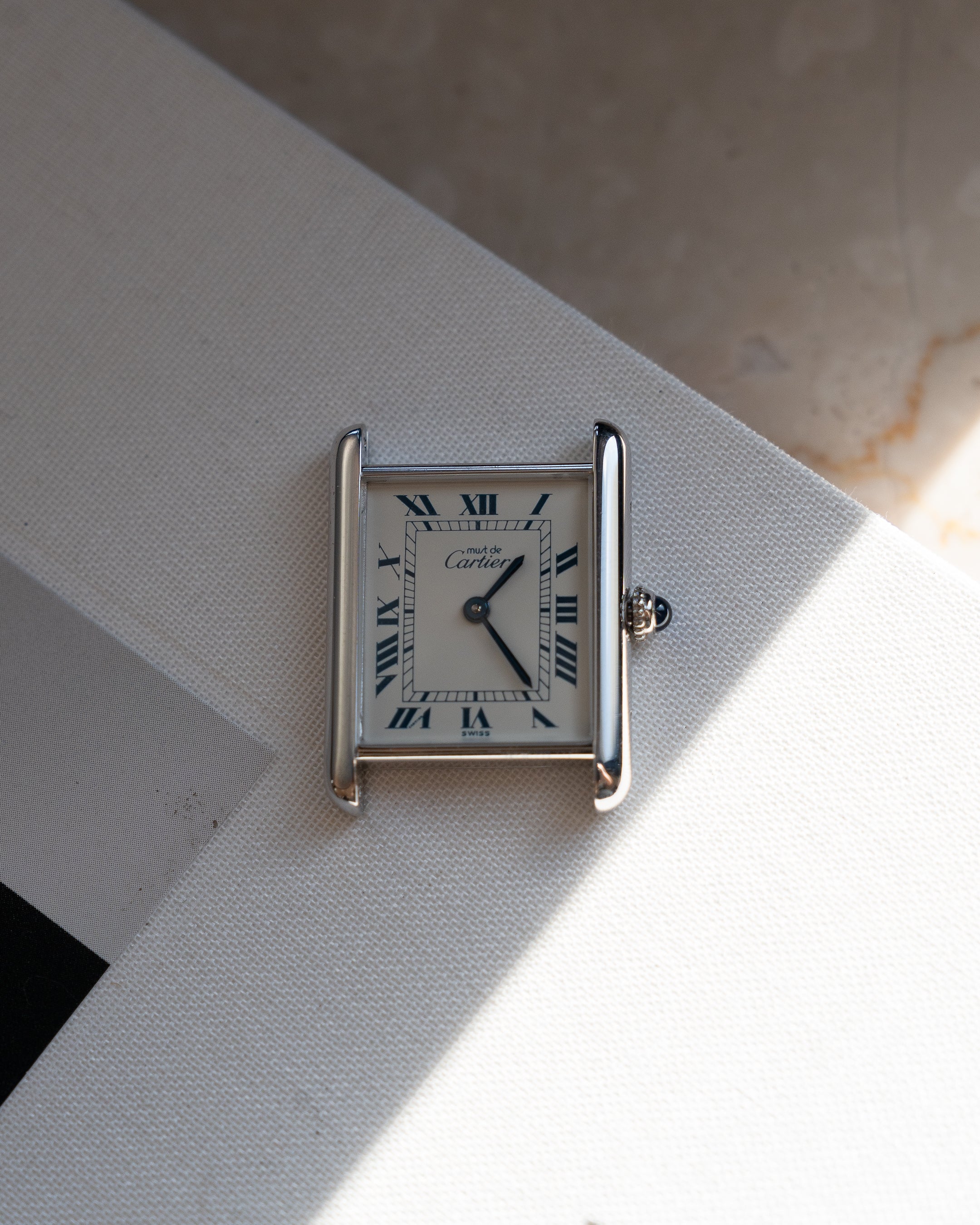 Must de Cartier Tank Blue Roman numberals white dial, LM size, box & papers