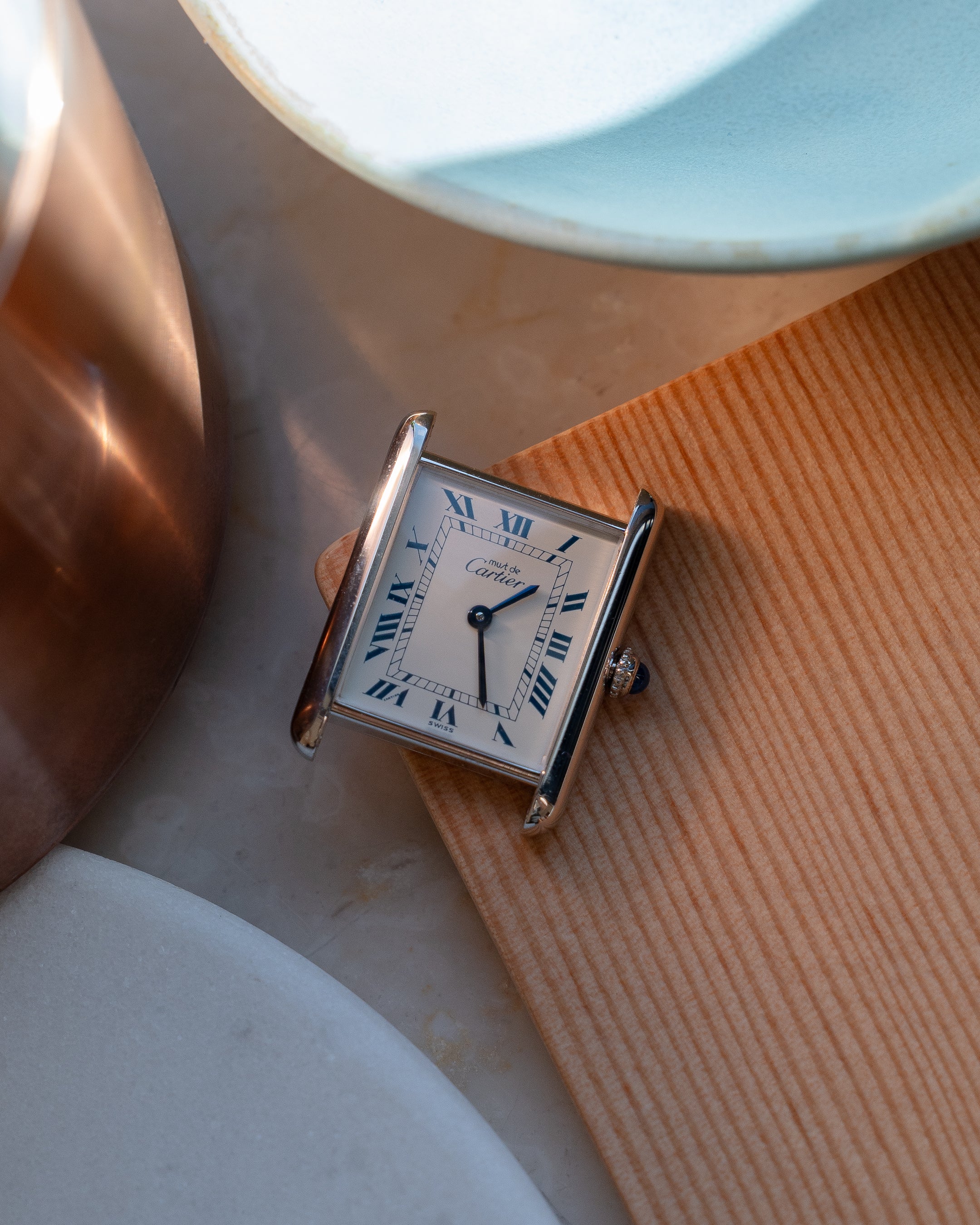 Must de Cartier Tank Blue Roman numberals white dial, LM size, box & papers