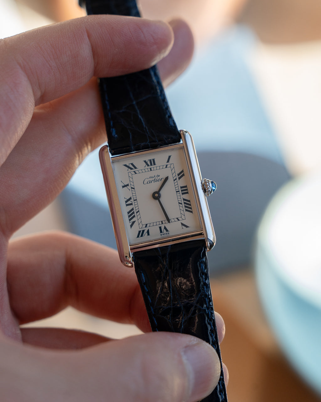Must de Cartier Tank Blue Roman numberals white dial, LM size, box & papers