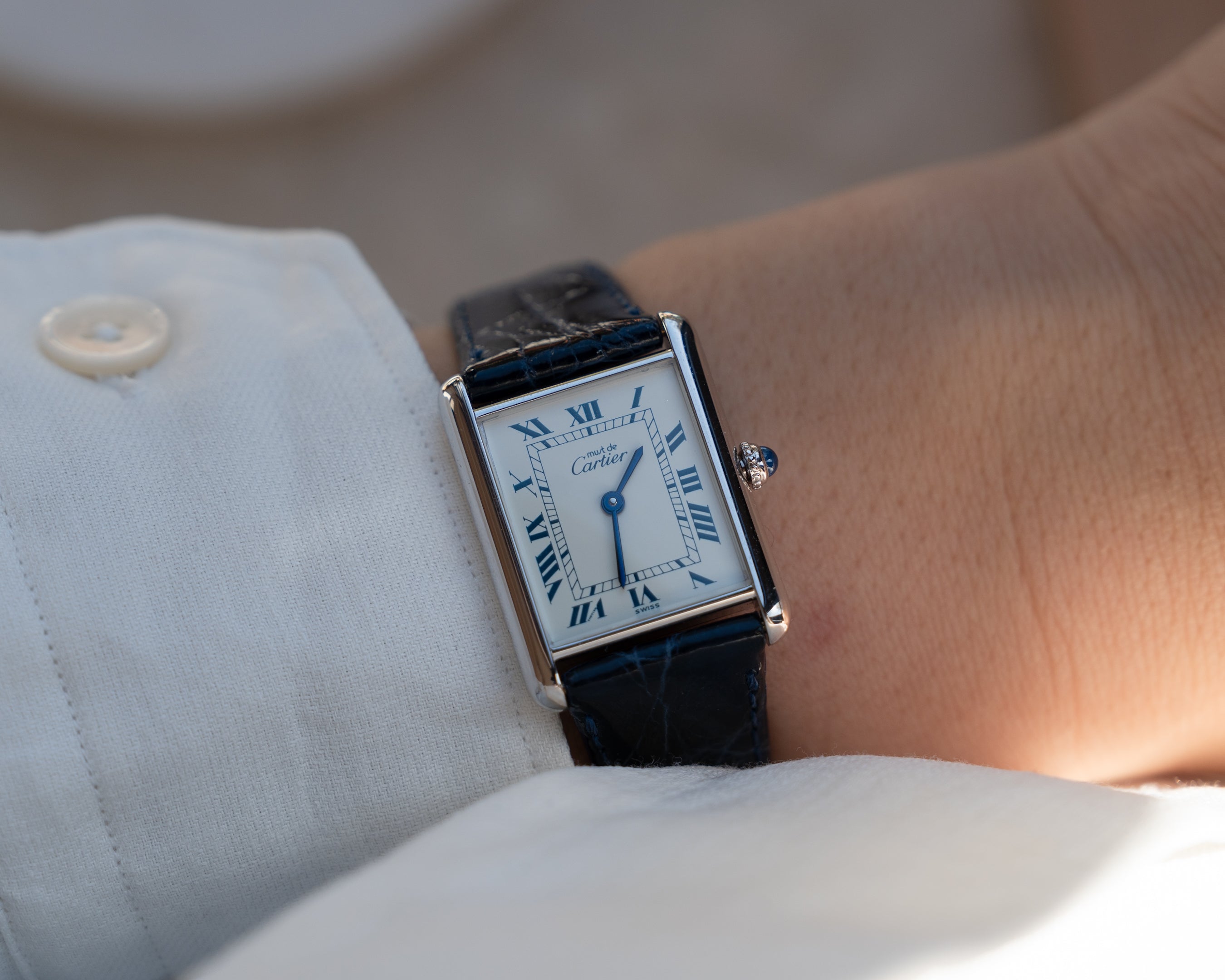 Must de Cartier Tank Blue Roman numberals white dial, LM size, box & papers