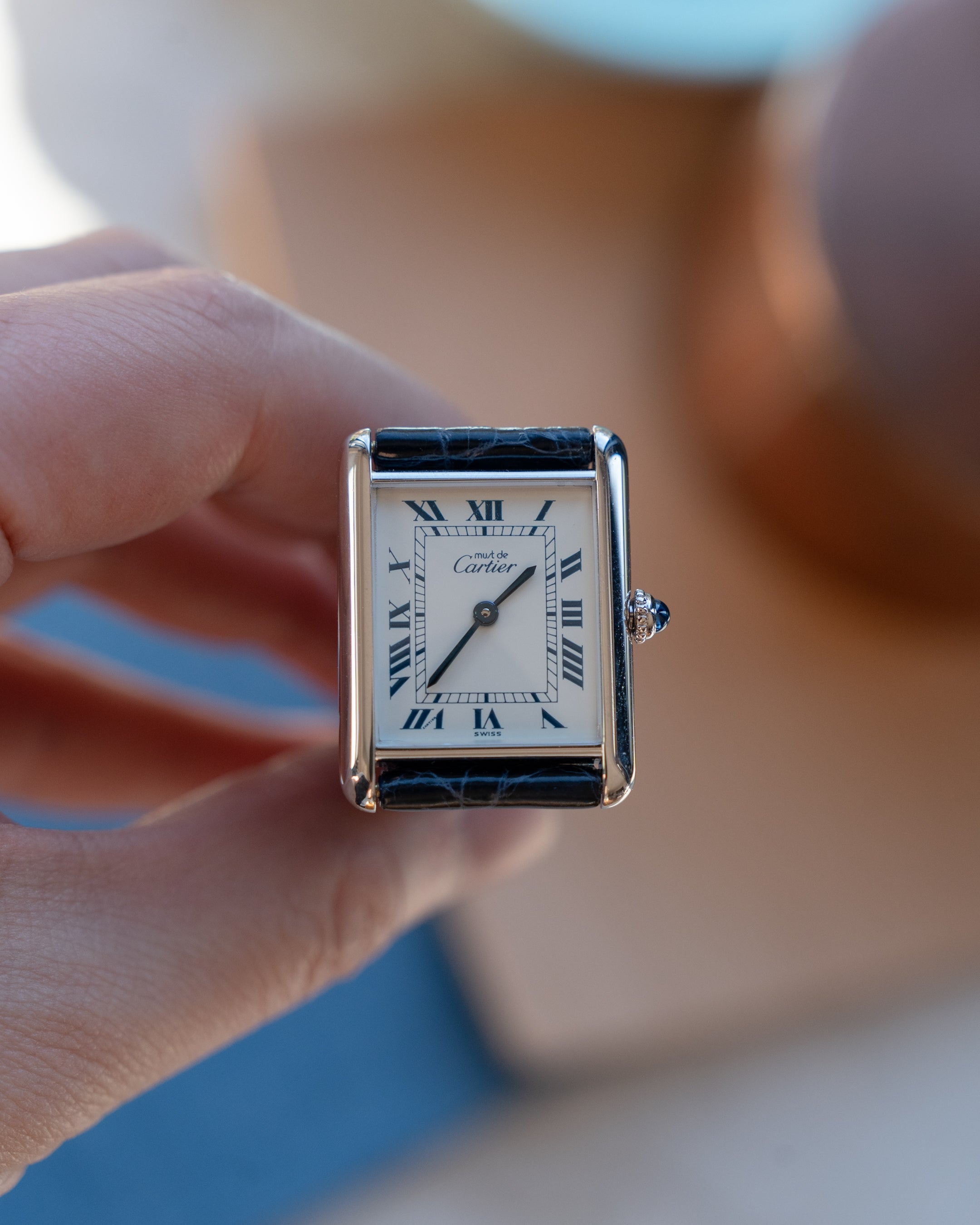 Must de Cartier Tank Blue Roman numberals white dial, LM size, box & papers