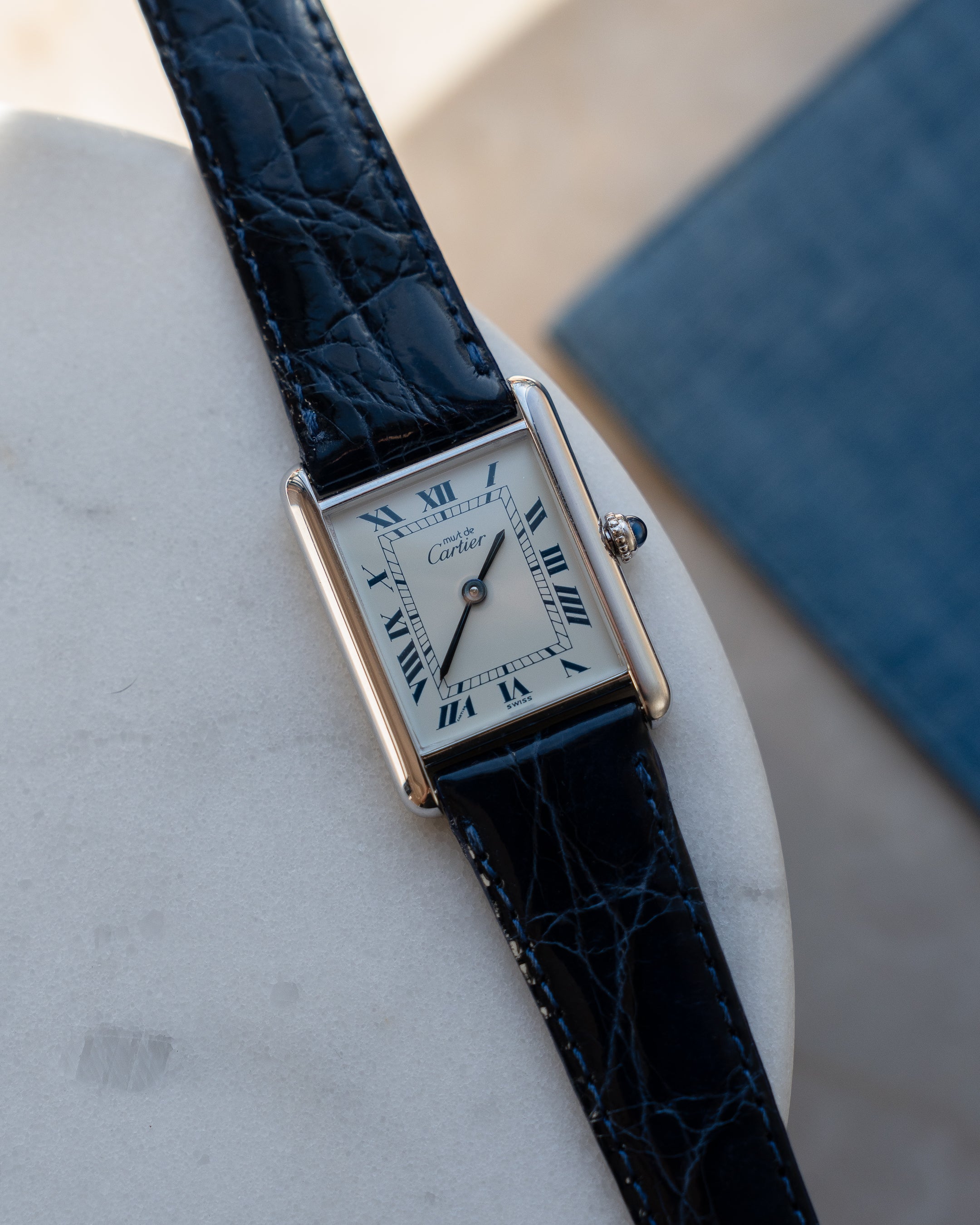 Must de Cartier Tank Blue Roman numberals white dial, LM size, box & papers
