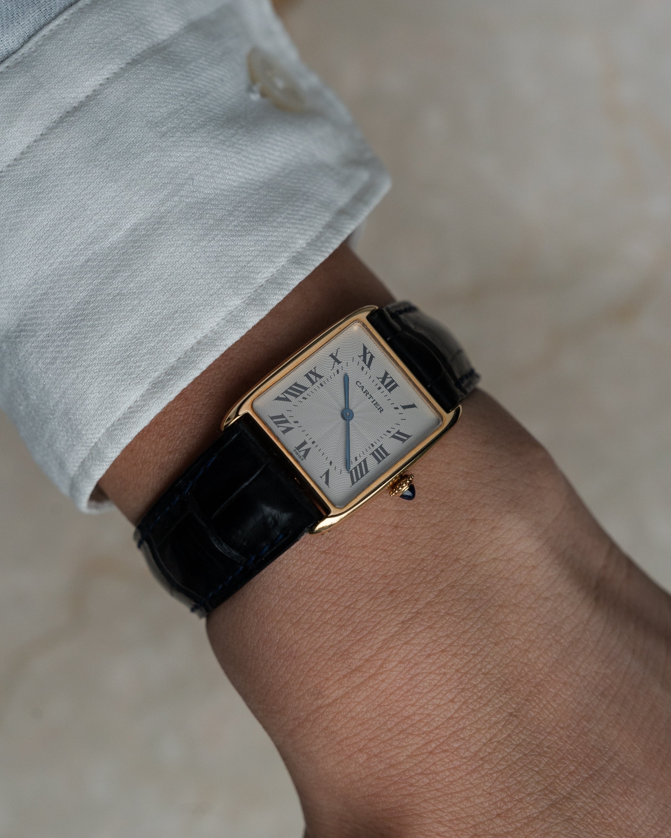 Cartier Tank Arrondie "extra flat" YG guilloche dial, Frederique Piguet Cal. 21, full set