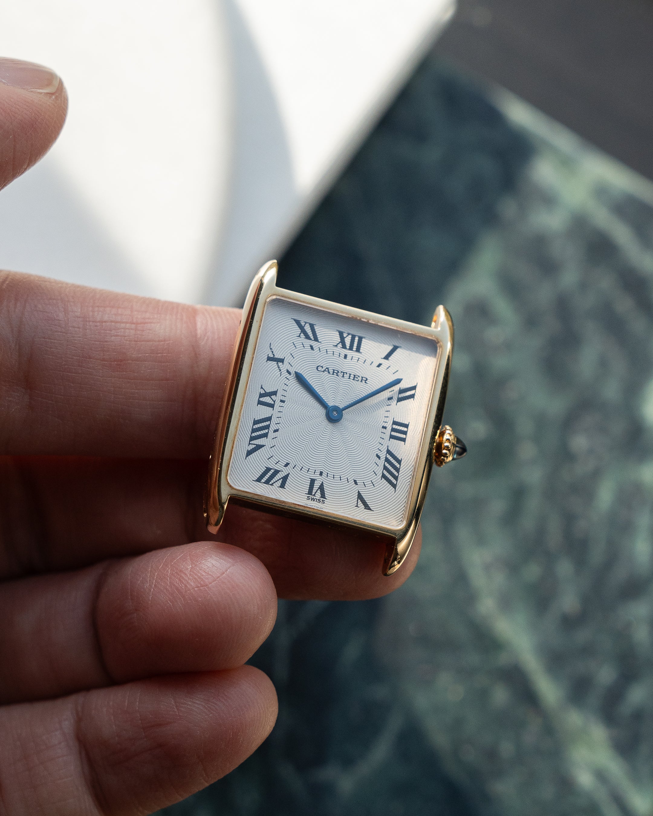 Cartier Tank Arrondie "extra flat" YG guilloche dial, Frederique Piguet Cal. 21, full set