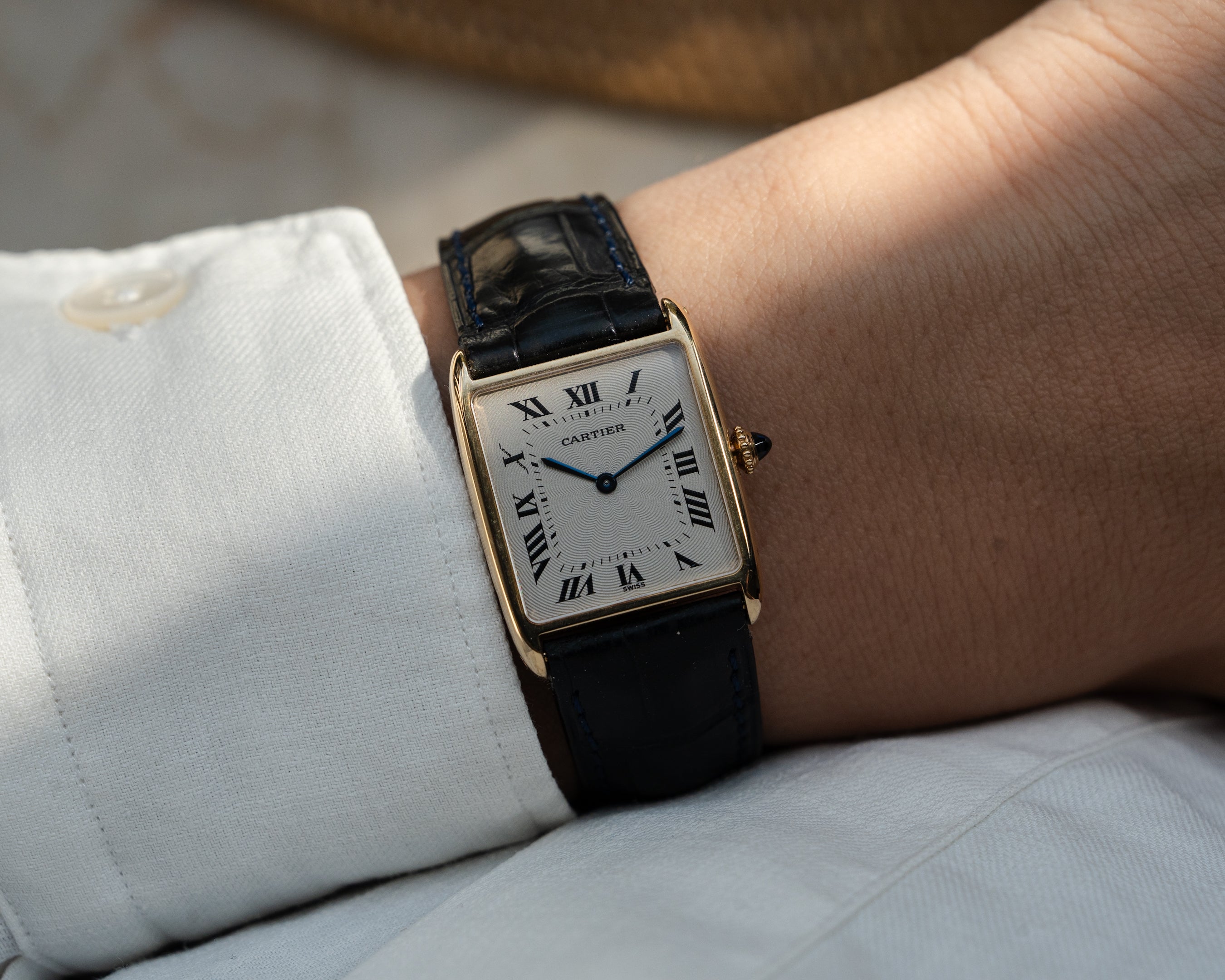 Cartier Tank Arrondie "extra flat" YG guilloche dial, Frederique Piguet Cal. 21, full set
