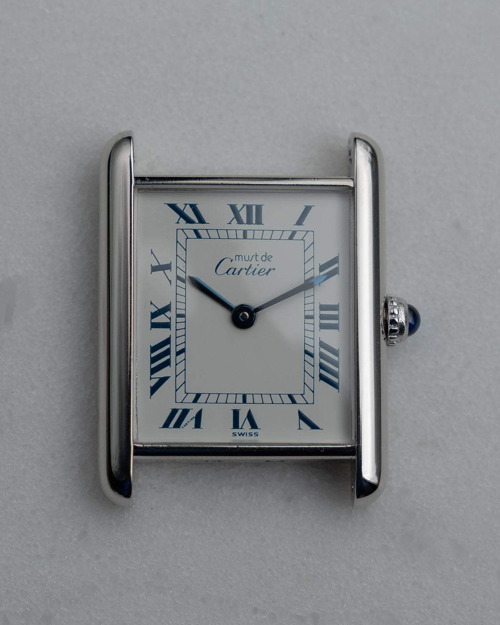 Must de Cartier Tank Blue Roman numberals white dial, Large size, full set from 1992