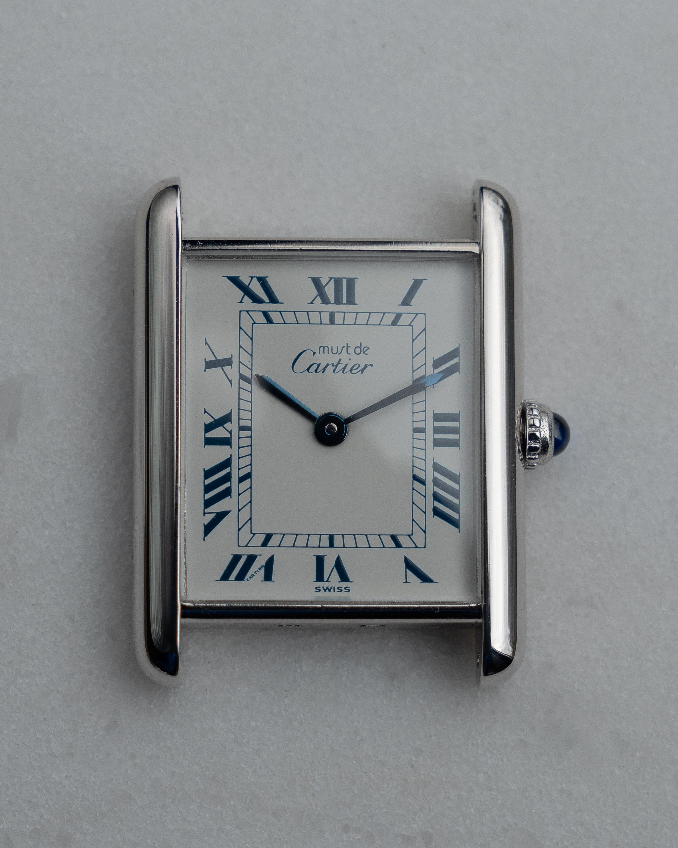 Must de Cartier Tank Blue Roman numberals white dial, Large size, full set from 1992