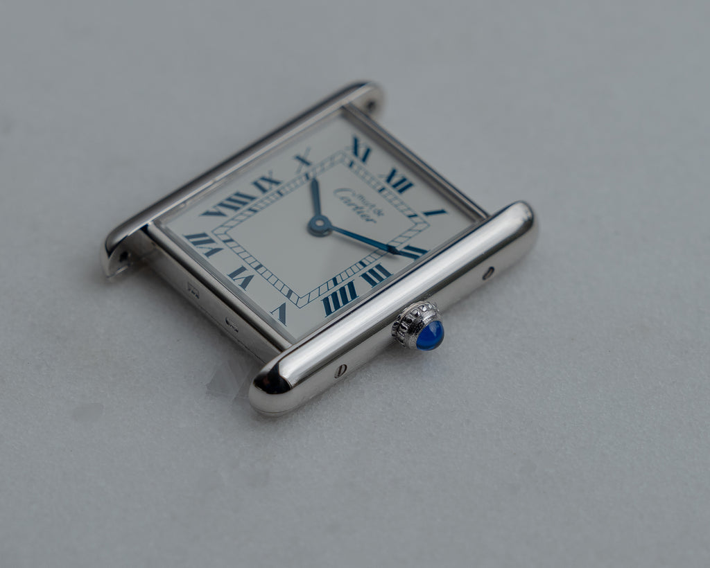 Must de Cartier Tank Blue Roman numberals white dial, Large size, full set from 1992