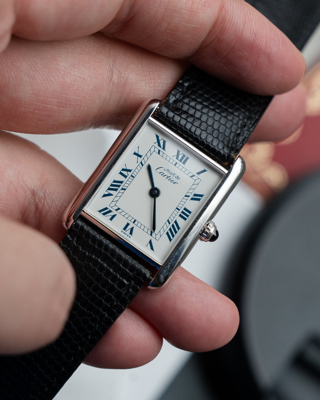Must de Cartier Tank Blue Roman numberals white dial, Large size, full set from 1992
