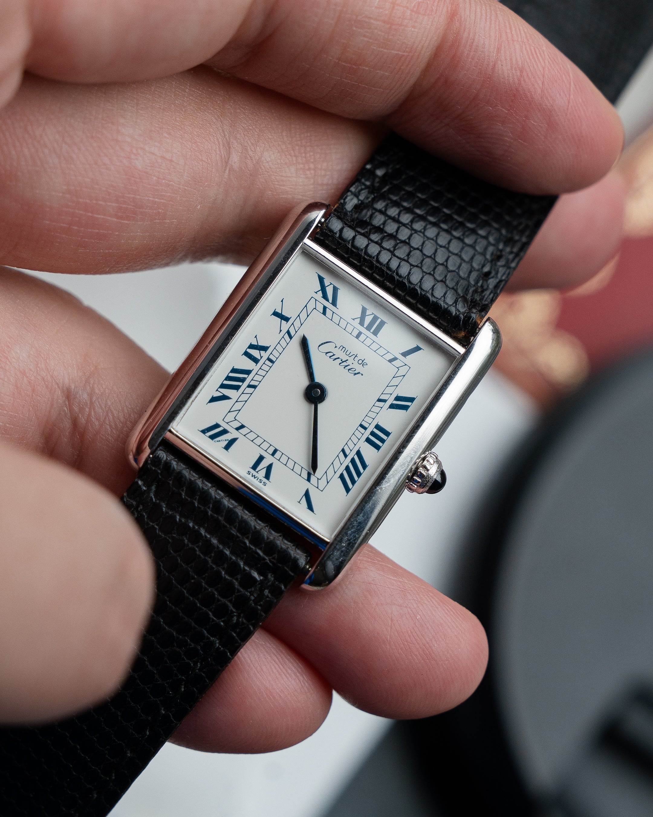 Must de Cartier Tank Blue Roman numberals white dial, Large size, full set from 1992