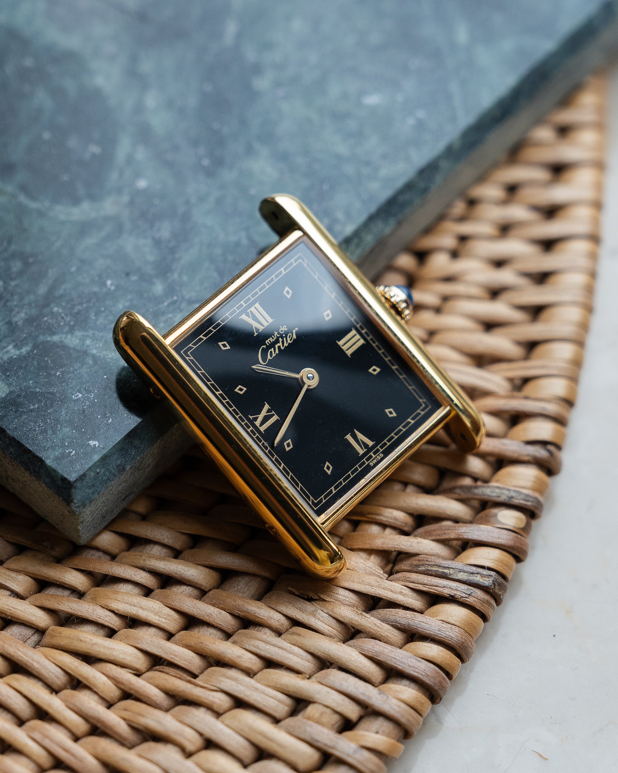Cartier Must Tank black dial gold painted Roman numerals, Large size, Box & Papers