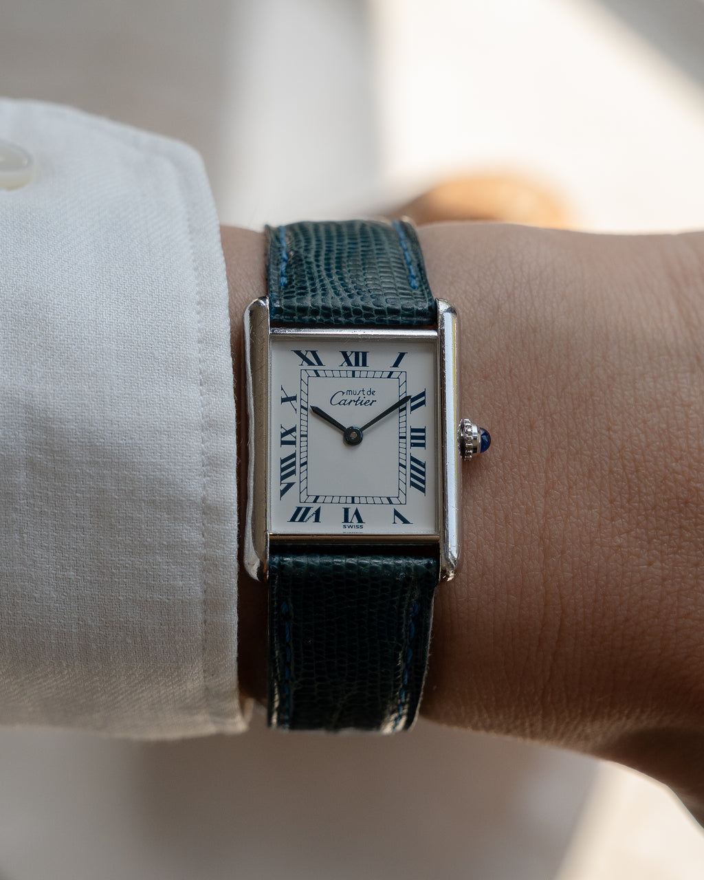 Must de Cartier Tank Blue Roman numberals white dial, Large size, full set