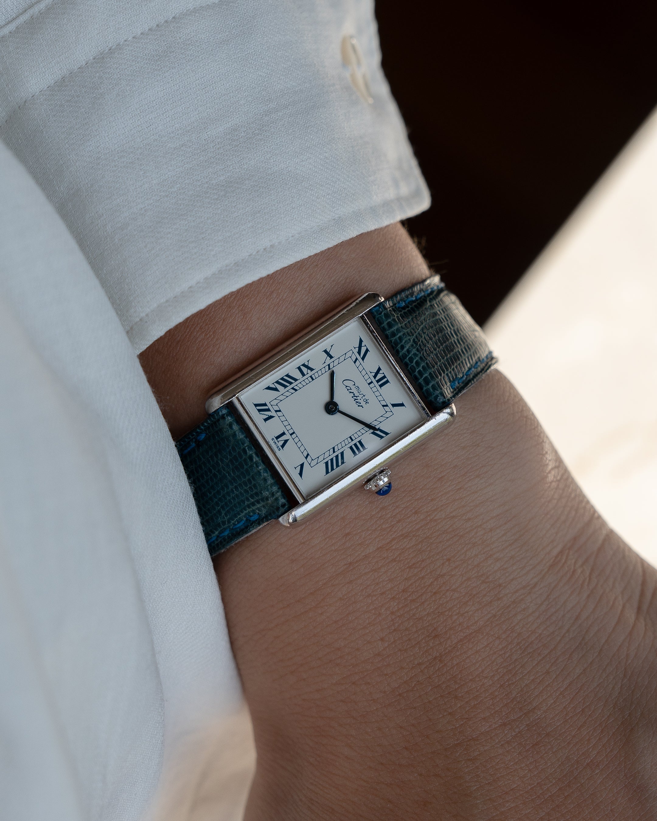 Must de Cartier Tank Blue Roman numberals white dial, Large size, full set