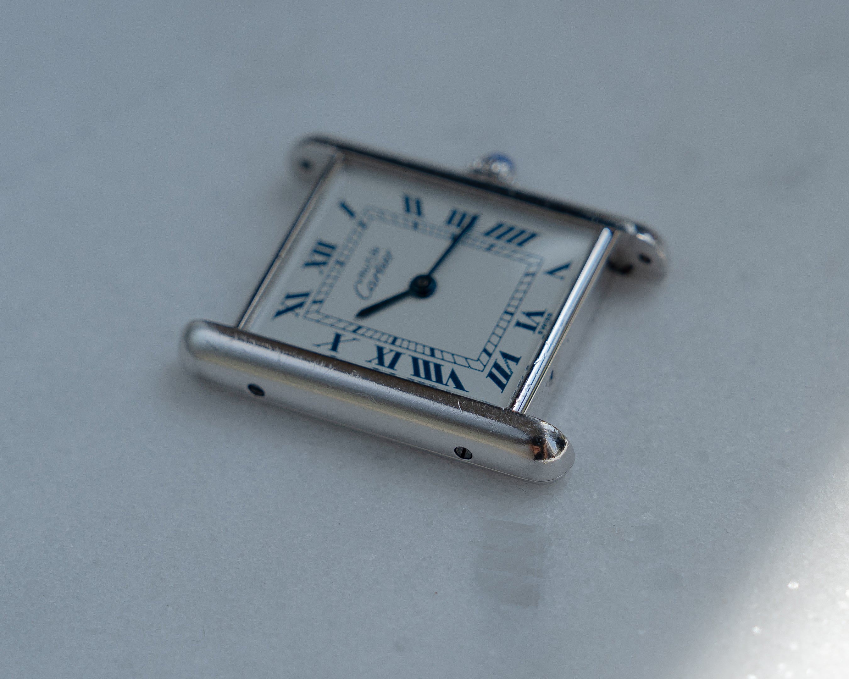 Must de Cartier Tank Blue Roman numberals white dial, Large size, full set