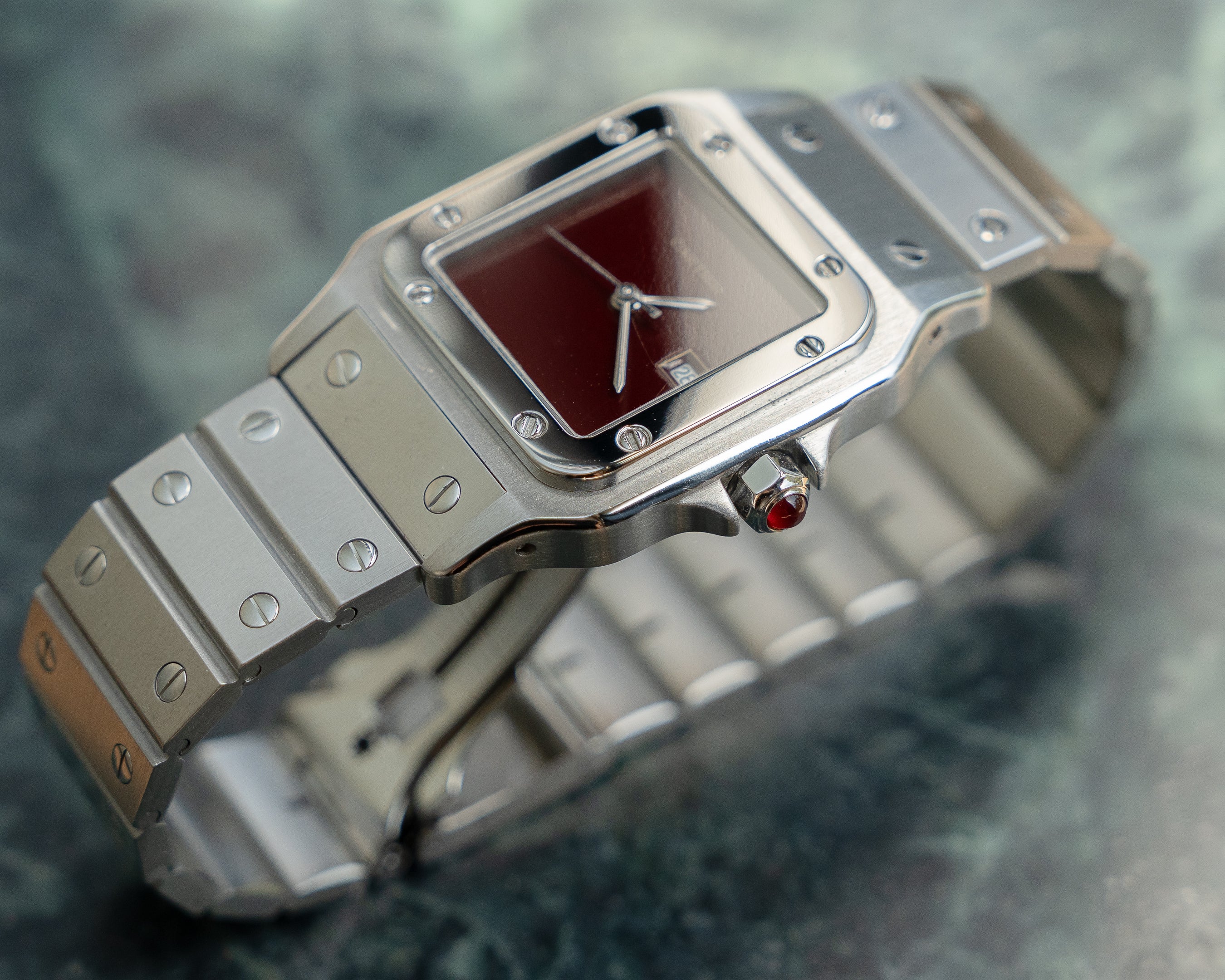 (Price on Request) Santos de Cartier Burgundy Dial, LM size, ref 2960 in steel, box & papers