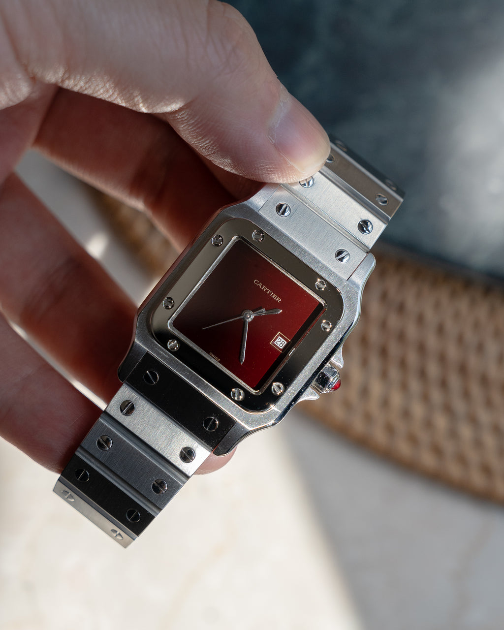 (Price on Request) Santos de Cartier Burgundy Dial, LM size, ref 2960 in steel, box & papers