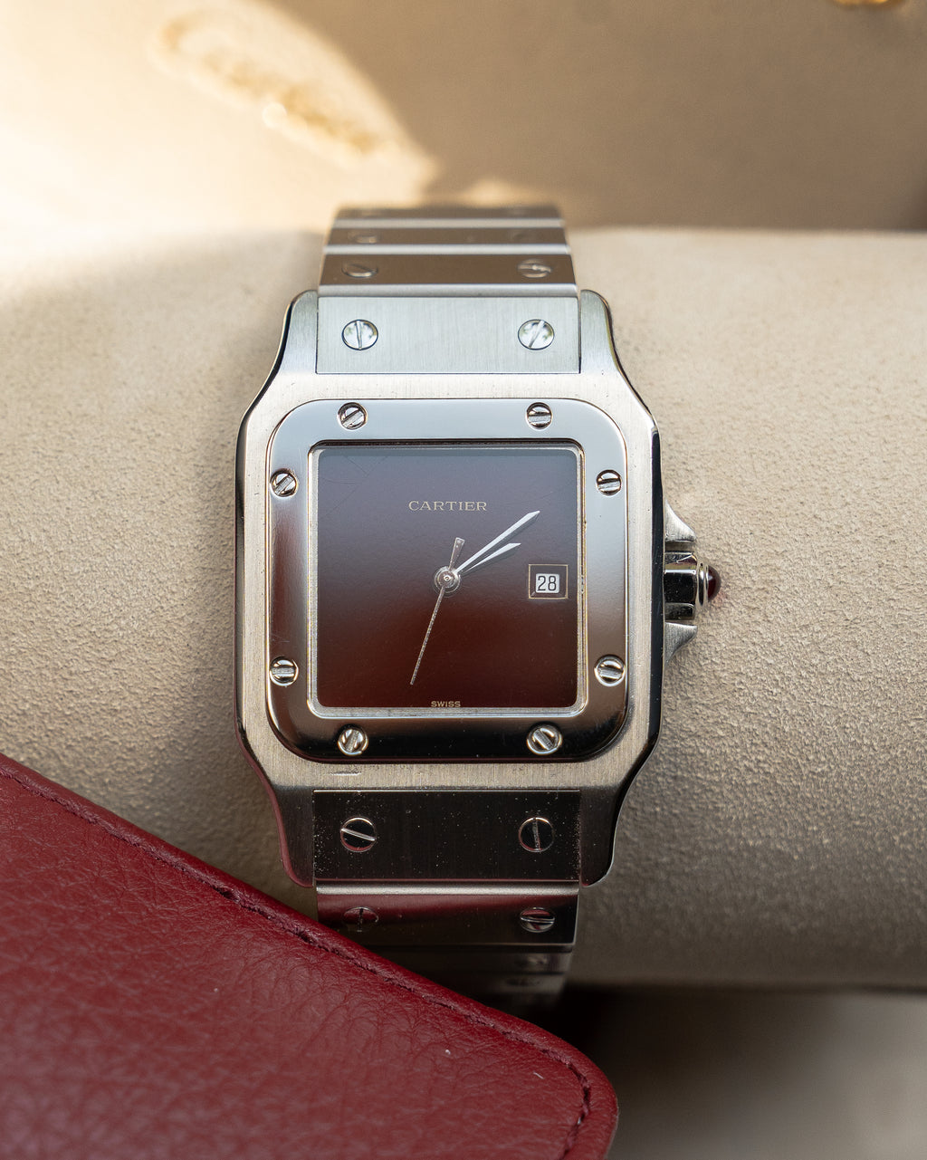 (Price on Request) Santos de Cartier Burgundy Dial, LM size, ref 2960 in steel, box & papers
