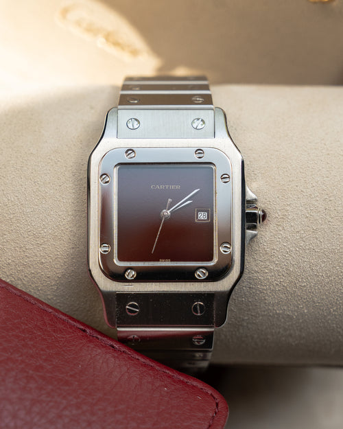 (Price on Request) Santos de Cartier Burgundy Dial, LM size, ref 2960 in steel, box & papers