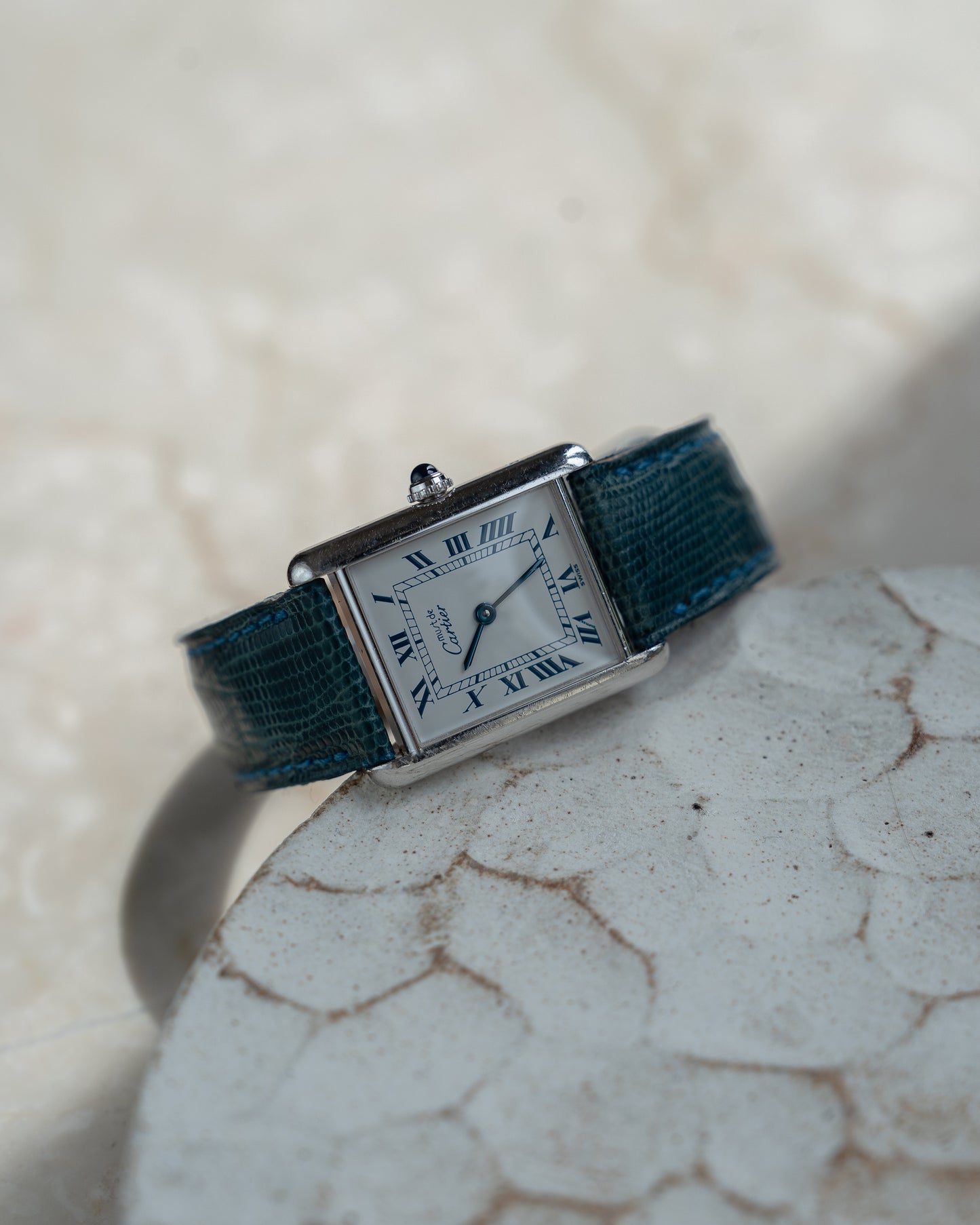 Must de Cartier Tank Blue Roman numberals white dial, Large size, full set