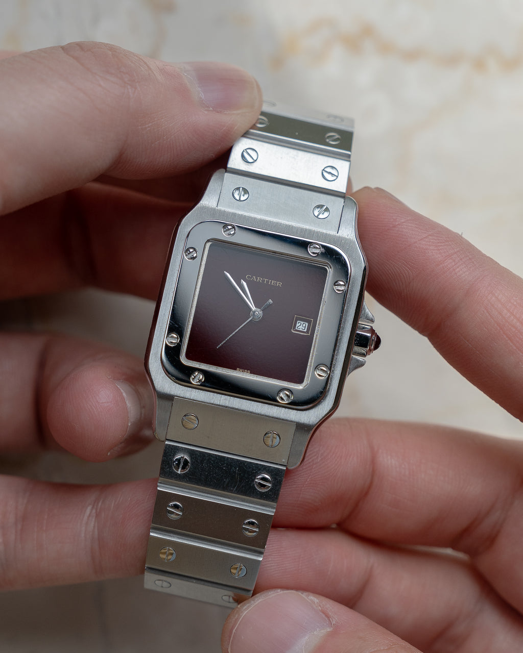 (Price on Request) Santos de Cartier Burgundy Dial, LM size, ref 2960 in steel, box & papers