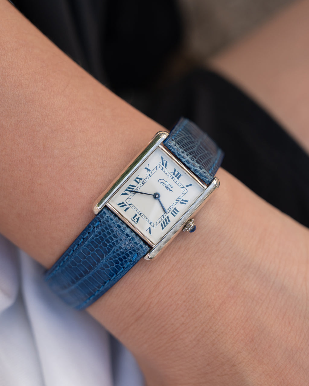 Cartier Must Tank - blue Roman numeral dial, LM (large) size, full set