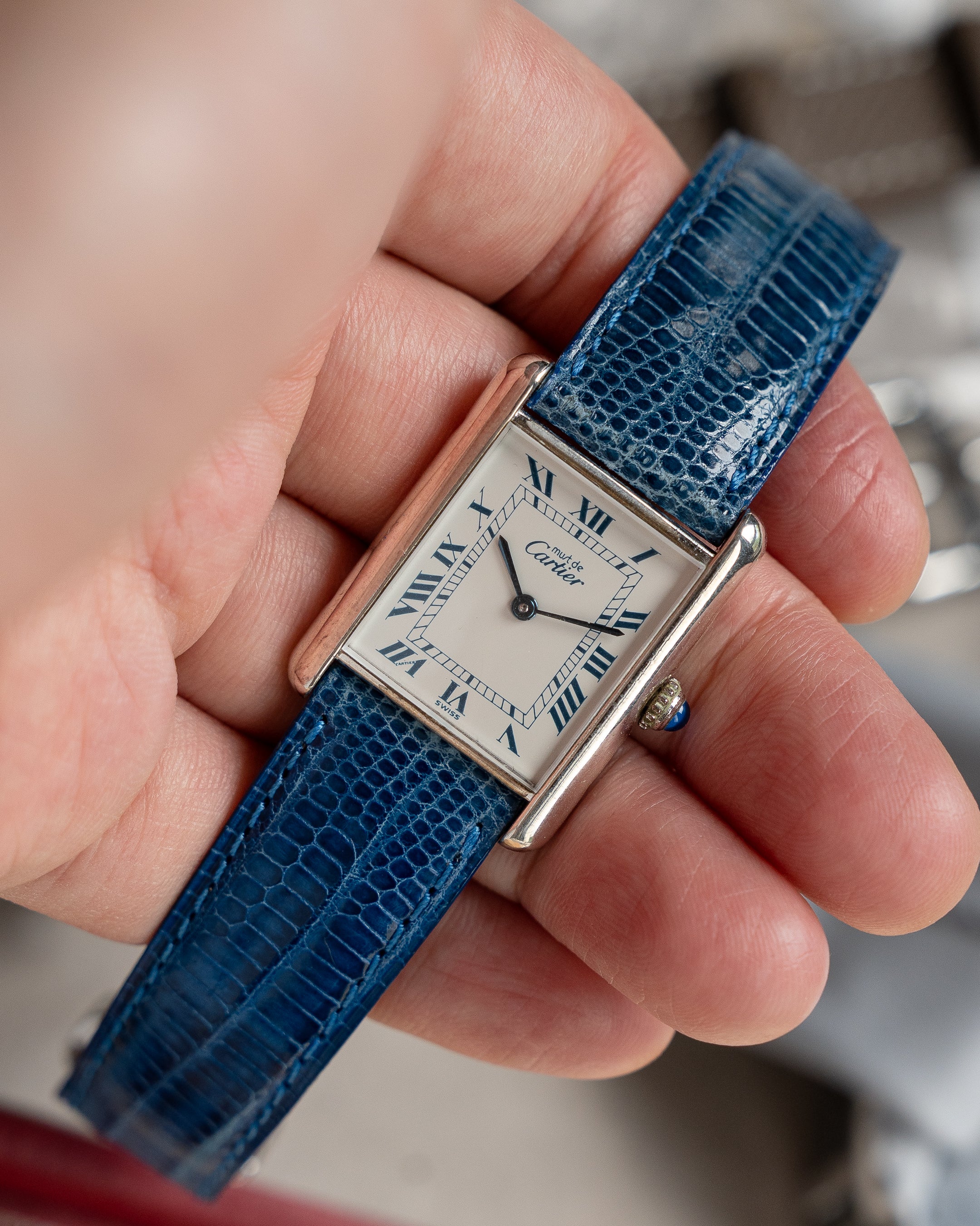 Cartier Must Tank - blue Roman numeral dial, LM (large) size, full set