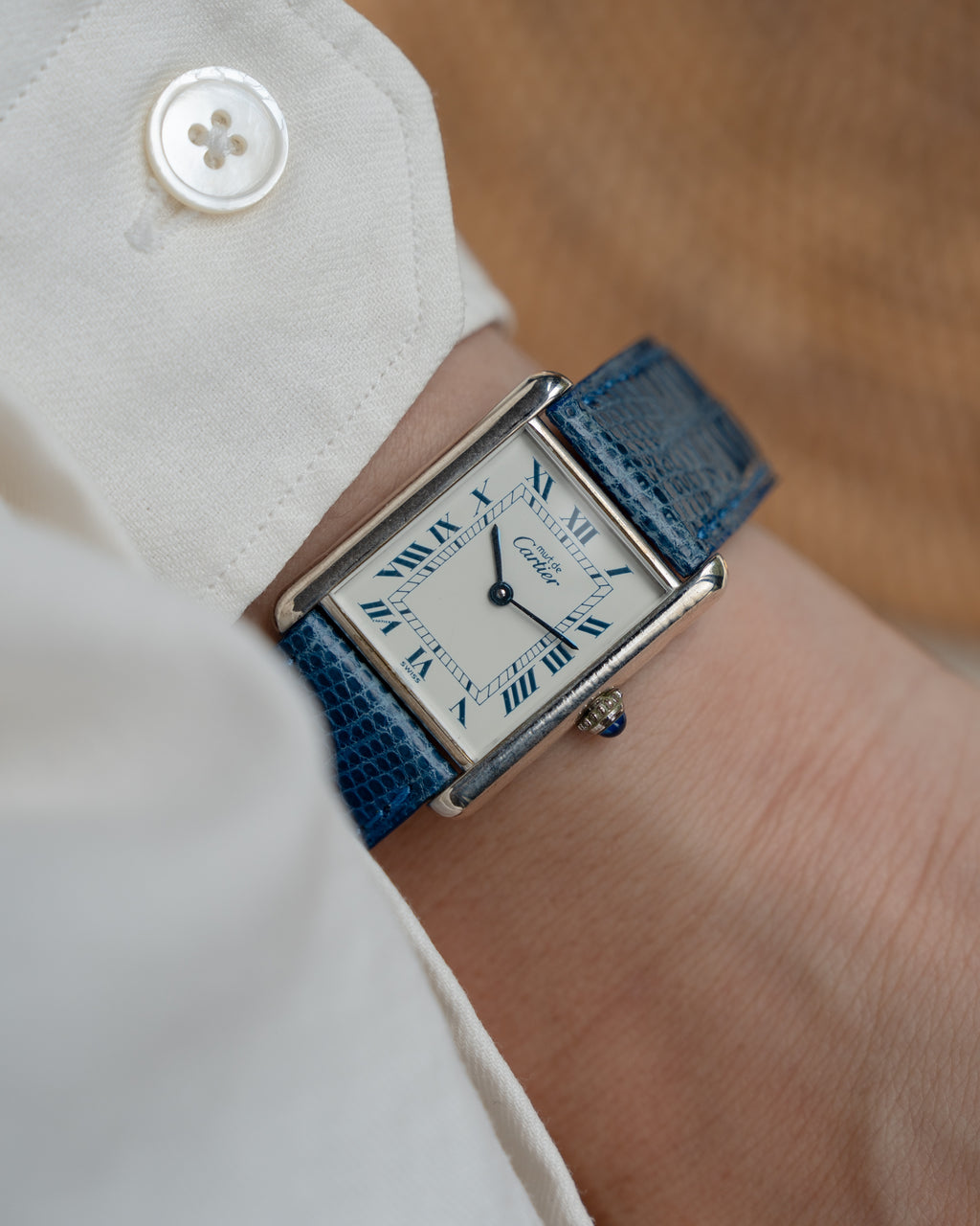 Cartier Must Tank - blue Roman numeral dial, LM (large) size, full set