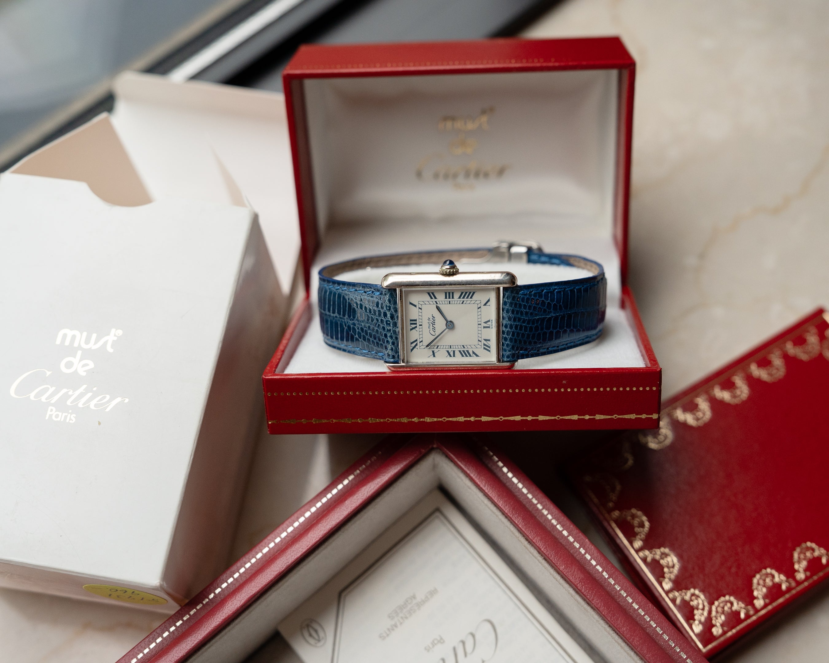 Cartier Must Tank - blue Roman numeral dial, LM (large) size, full set