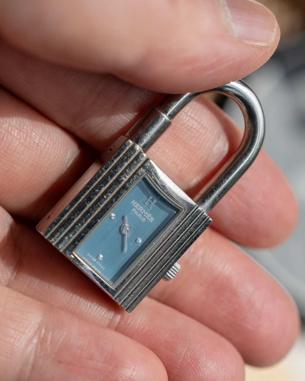 Hermès Kelly Watch steel, torquoise blue dial with blue epsom calf leather strap