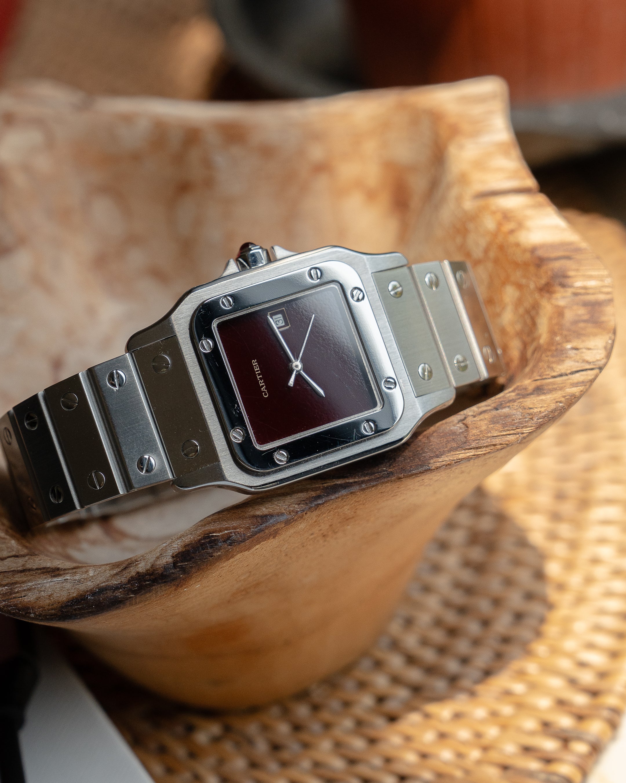 (Price on Request) Santos de Cartier Burgundy Dial, LM size, ref 2960 in steel, box & papers