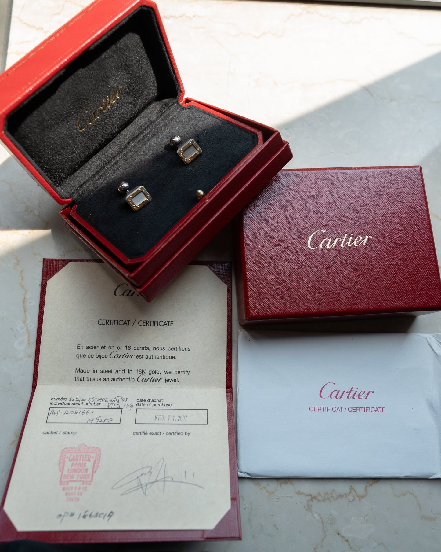 Santos de Cartier Cufflinks - 2007 ref 12081663, steel/18k yellow gold, full set