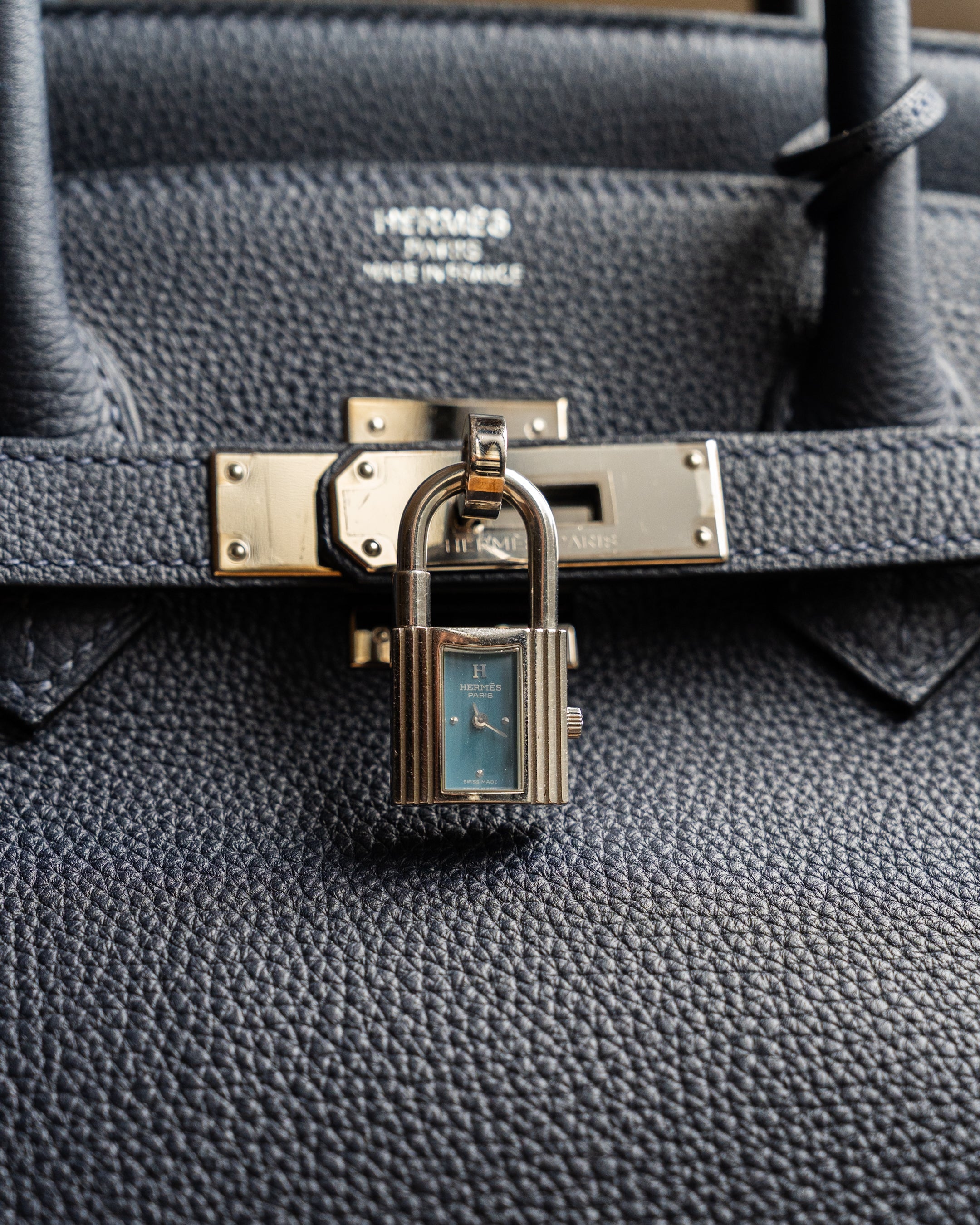 Hermès Kelly Watch steel, torquoise blue dial with blue epsom calf leather strap