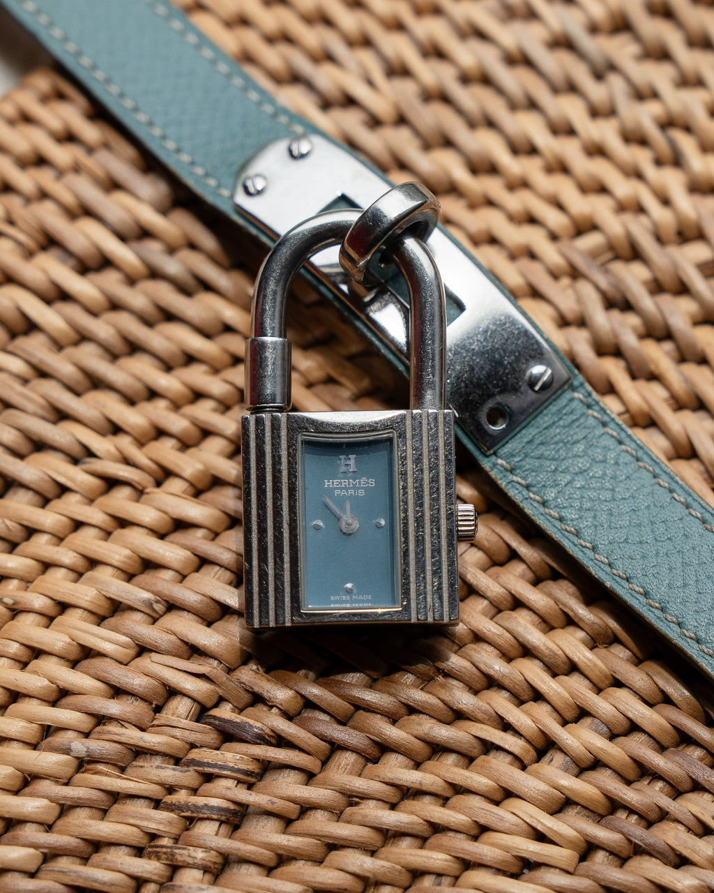 Hermès Kelly Watch steel, torquoise blue dial with blue epsom calf leather strap