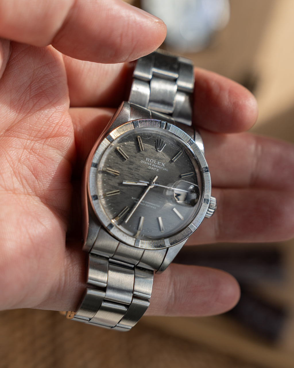 Rolex Oyster Perpetual Date ref 1500, Grey mosaic dial from 1972