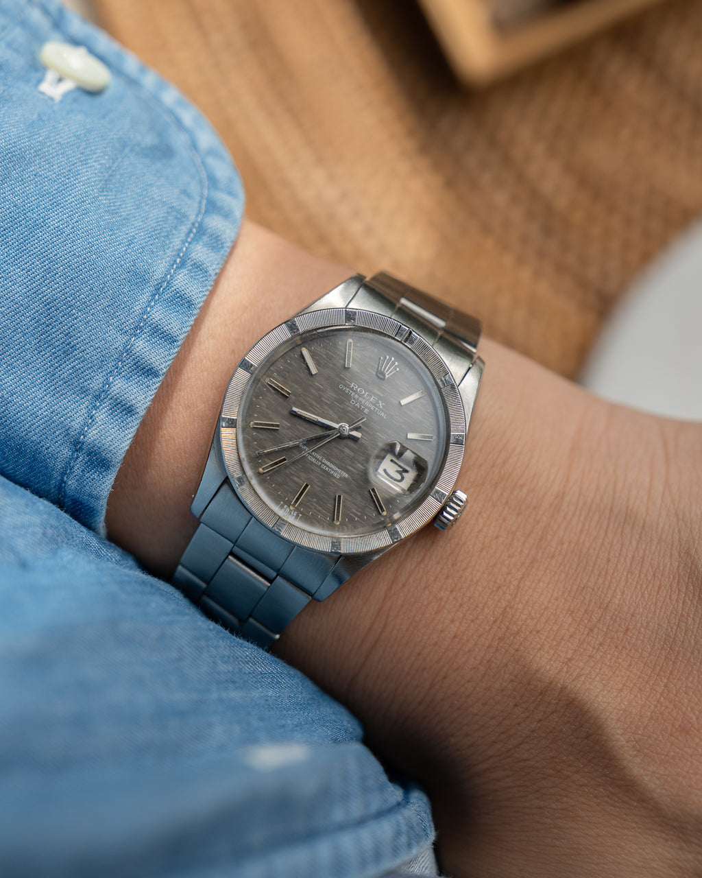 Rolex Oyster Perpetual Date ref 1500, Grey mosaic dial from 1972