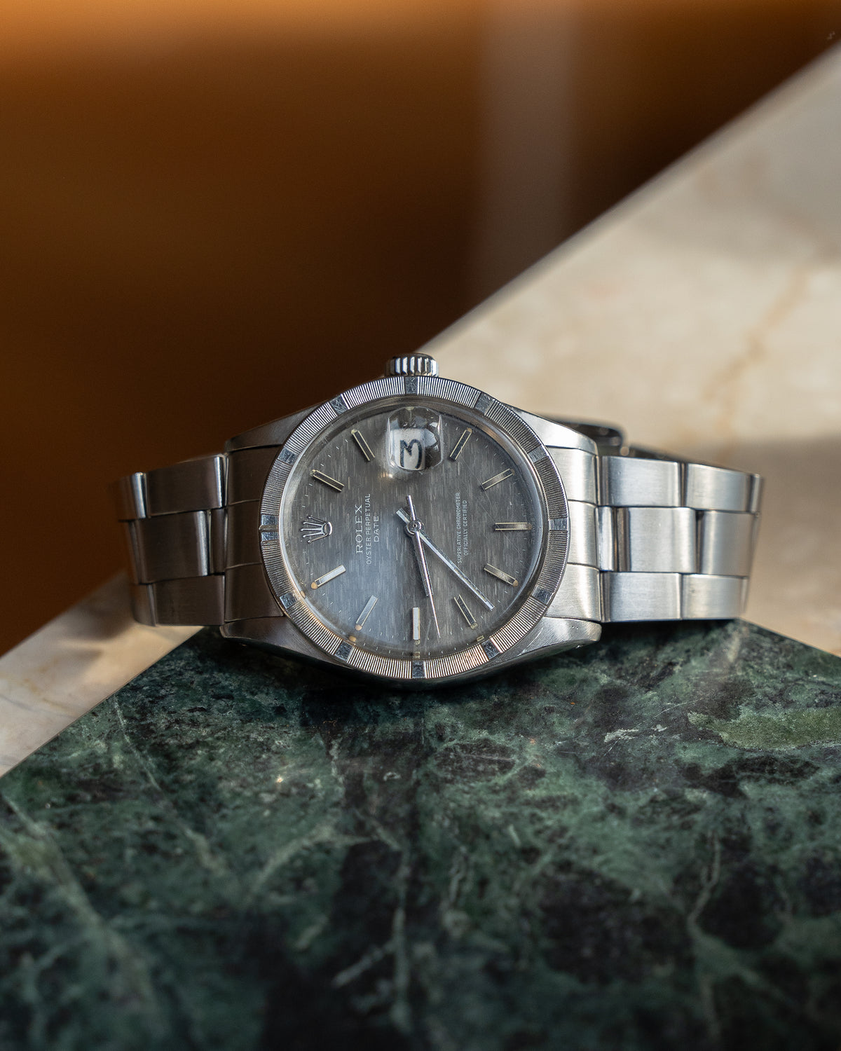 Rolex Oyster Perpetual Date ref 1500, Grey mosaic dial from 1972