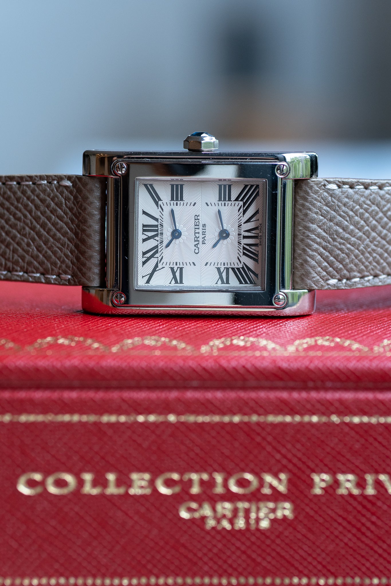 Cartier Tank à Vis Dual Time CPCP in white gold, full set