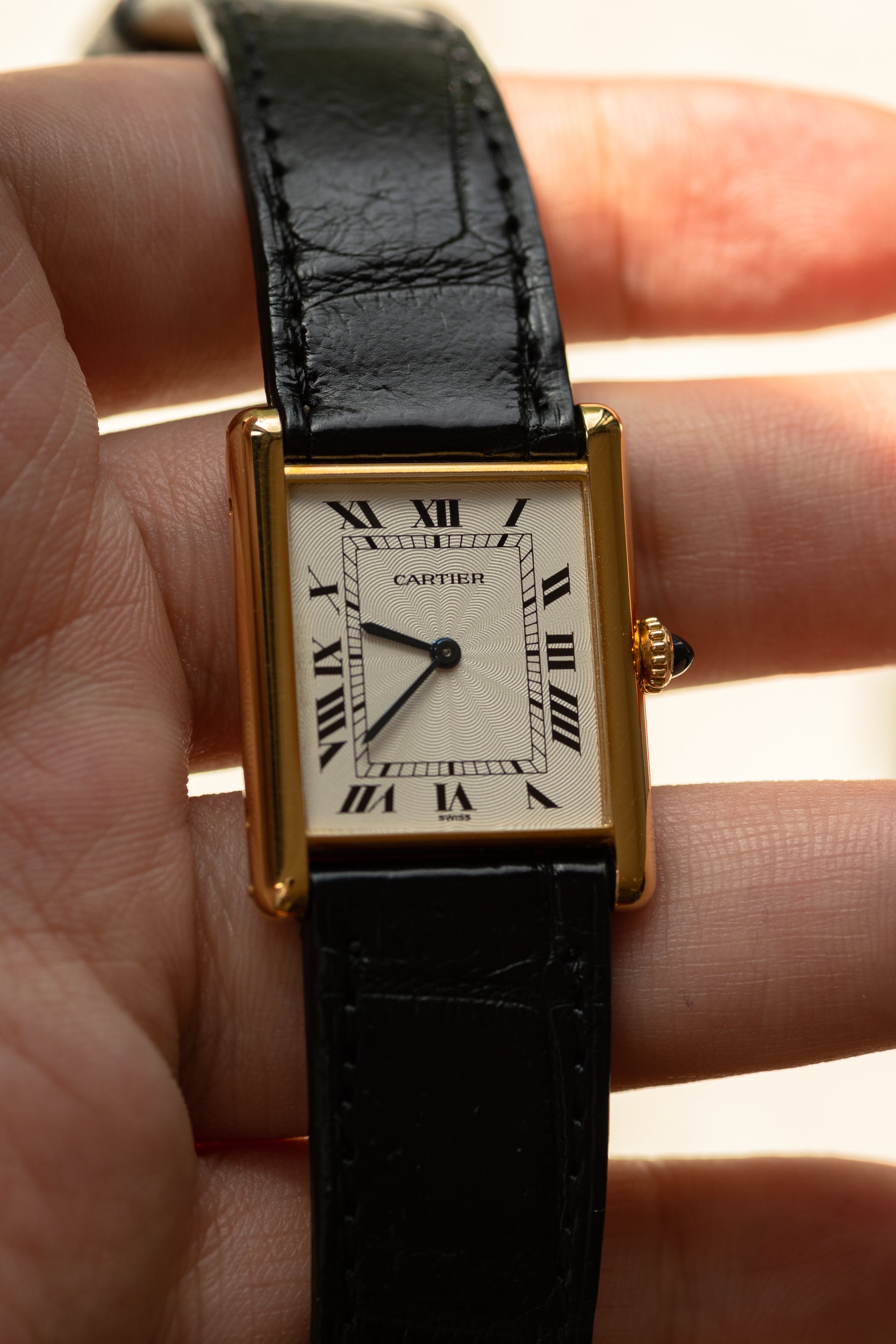 Cartier Tank Louis "extra flat" in YG guilloche dial, 1990's, Frederique Piguet Cal. 21