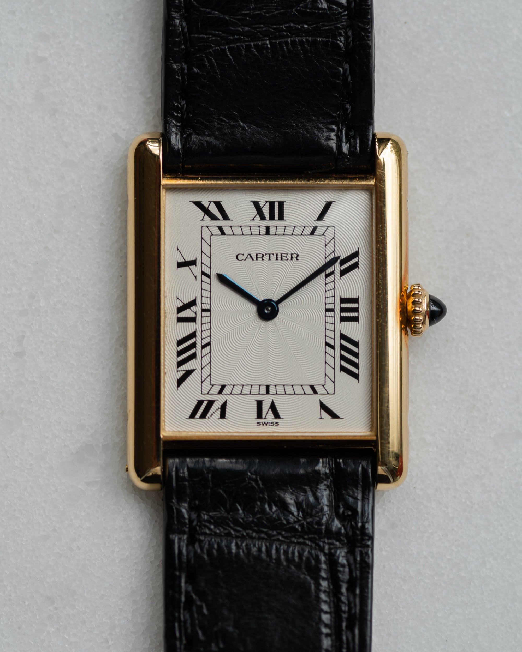 Cartier Tank Louis "extra flat" in YG guilloche dial, 1990's, Frederique Piguet Cal. 21