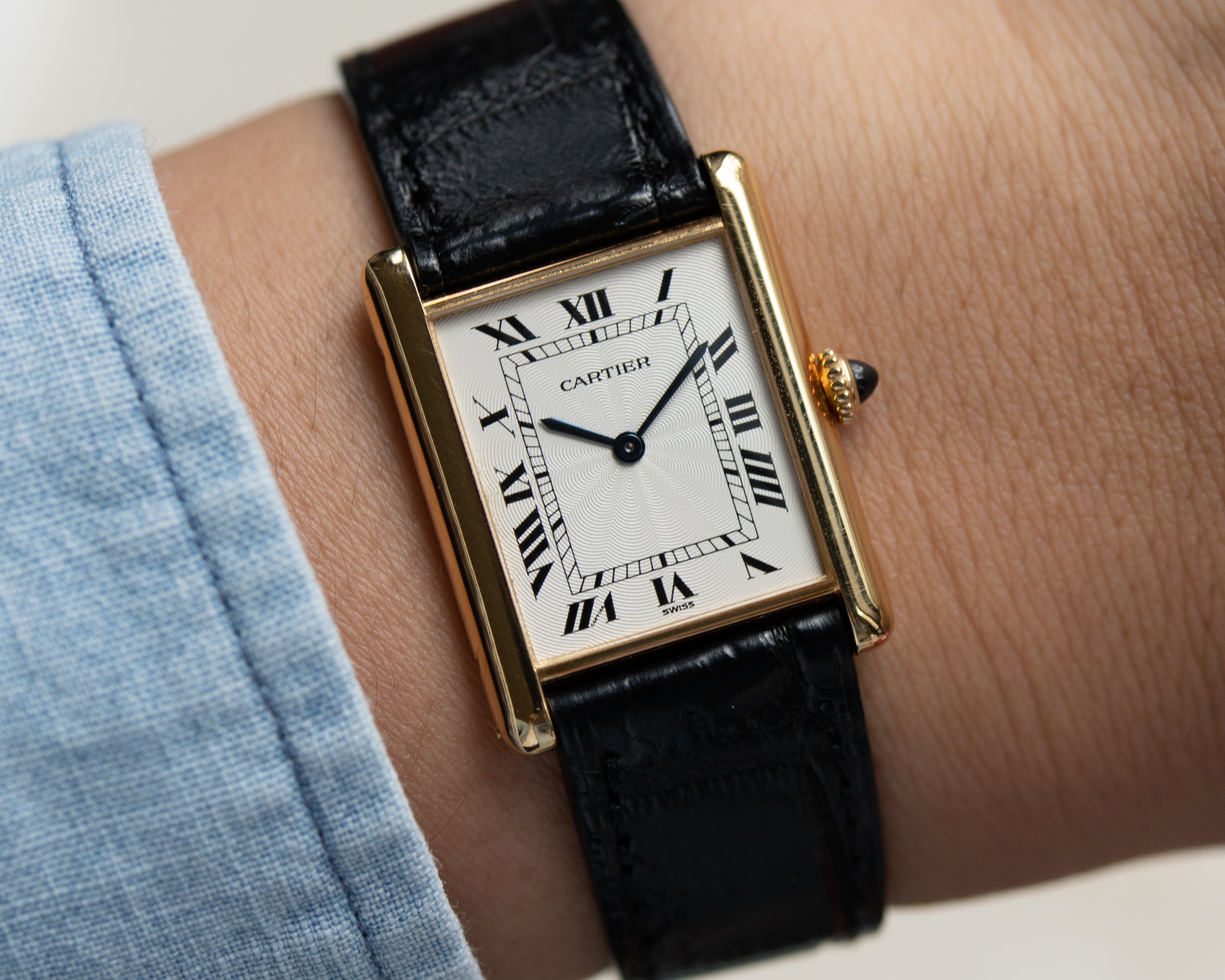 Cartier Tank Louis "extra flat" in YG guilloche dial, 1990's, Frederique Piguet Cal. 21