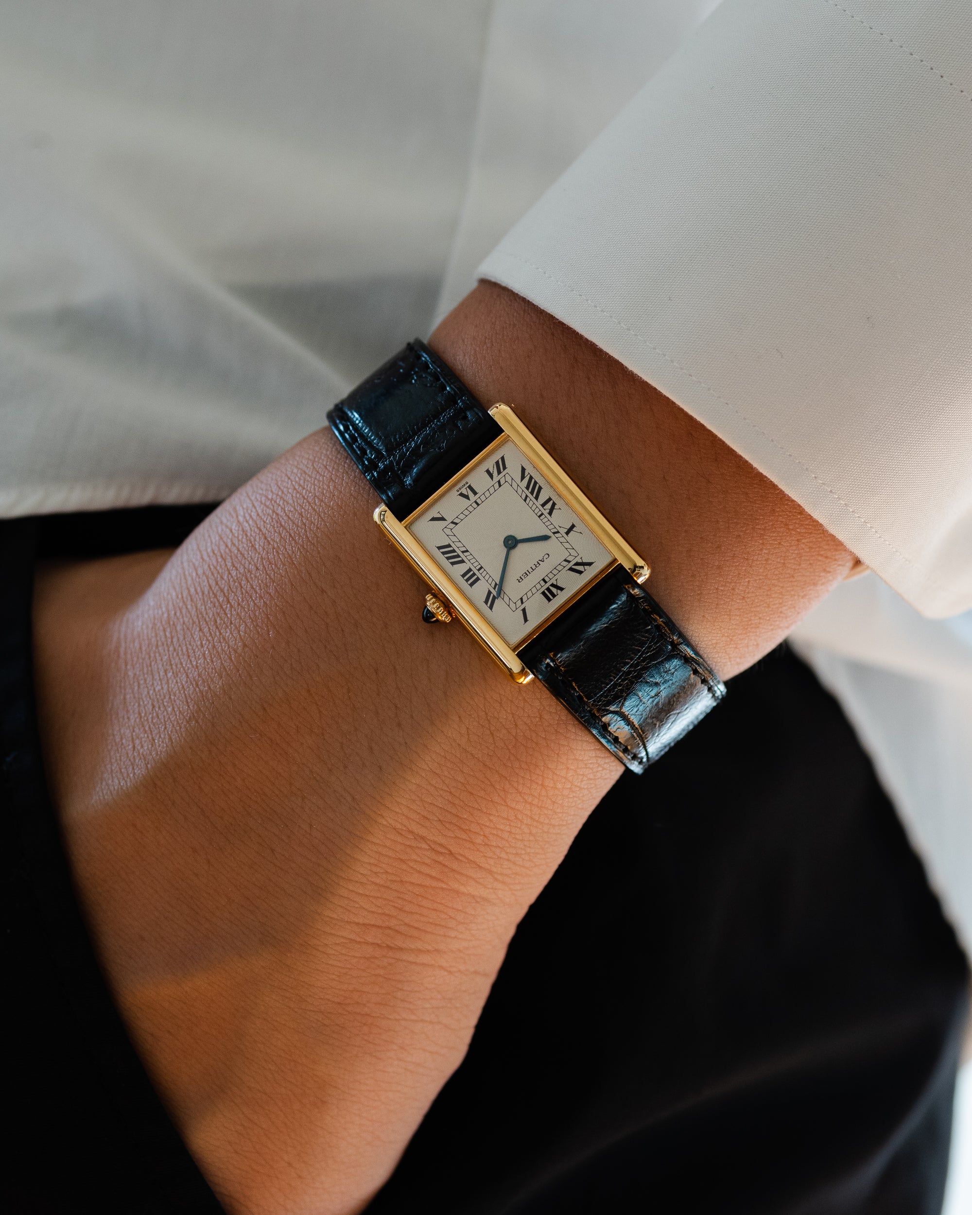 Cartier Tank Louis "extra flat" in YG guilloche dial, 1990's, Frederique Piguet Cal. 21