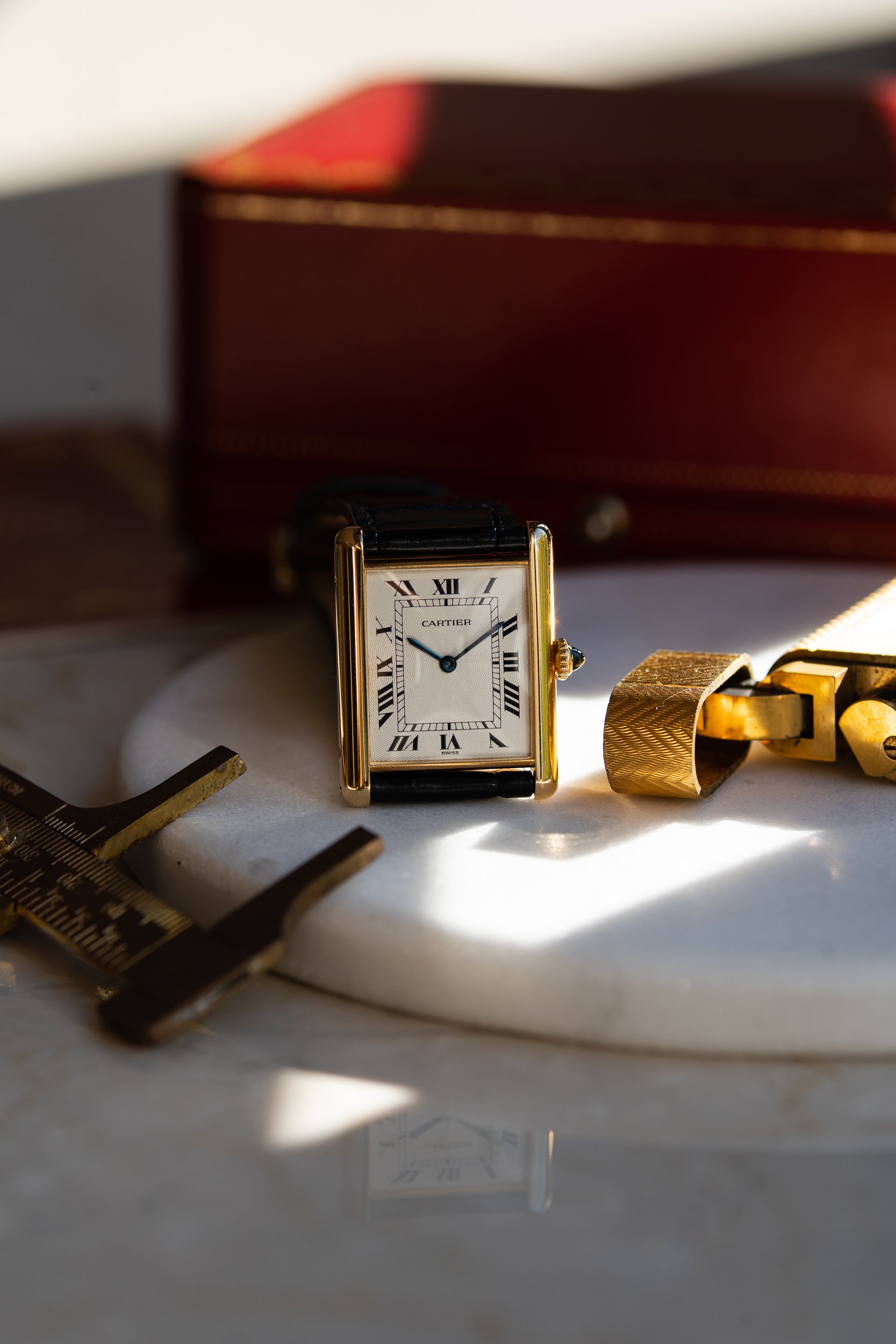 Cartier Tank Louis "extra flat" in YG guilloche dial, 1990's, Frederique Piguet Cal. 21