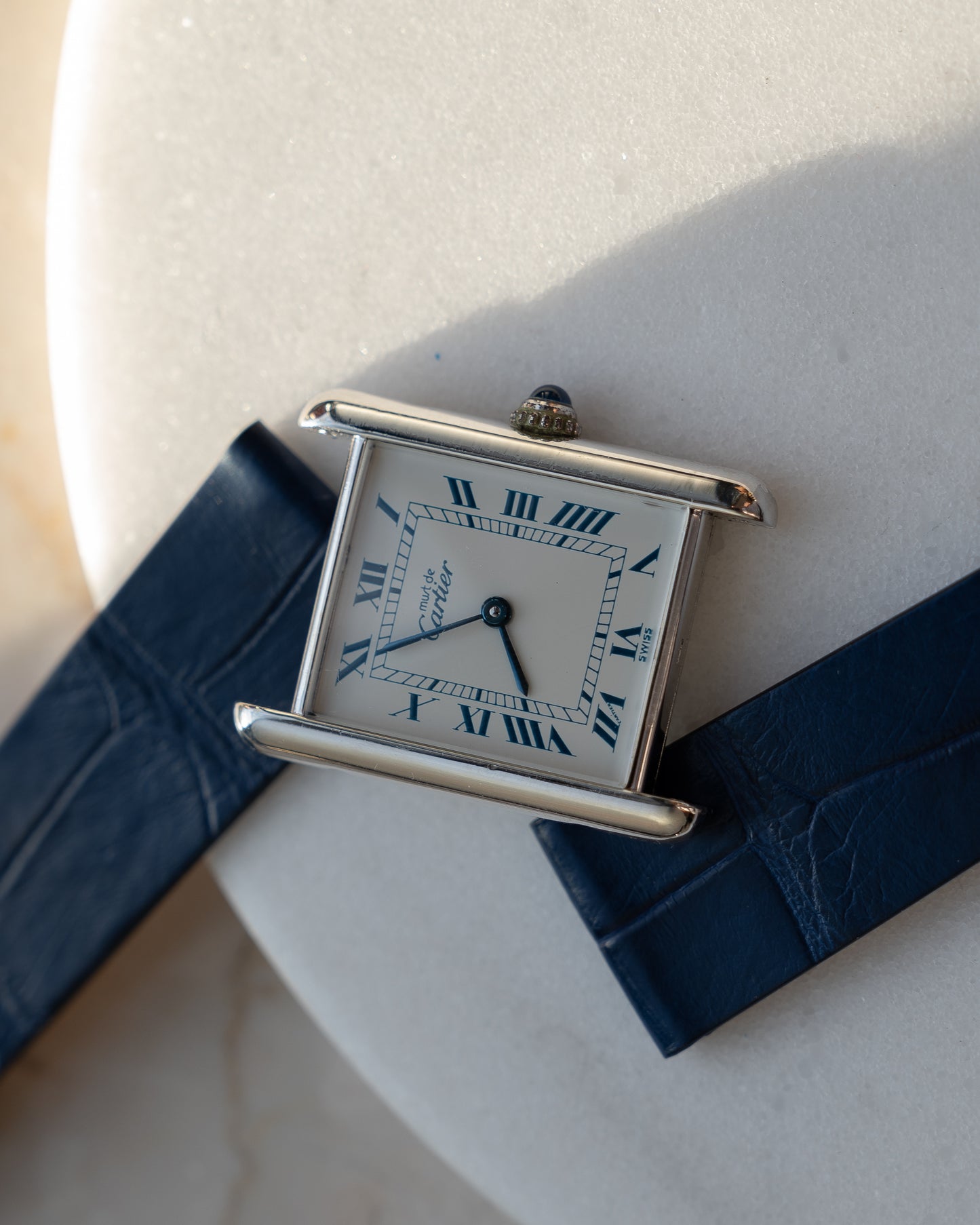 Cartier Must Tank Blue Roman numeral white dial, silver case - LM size