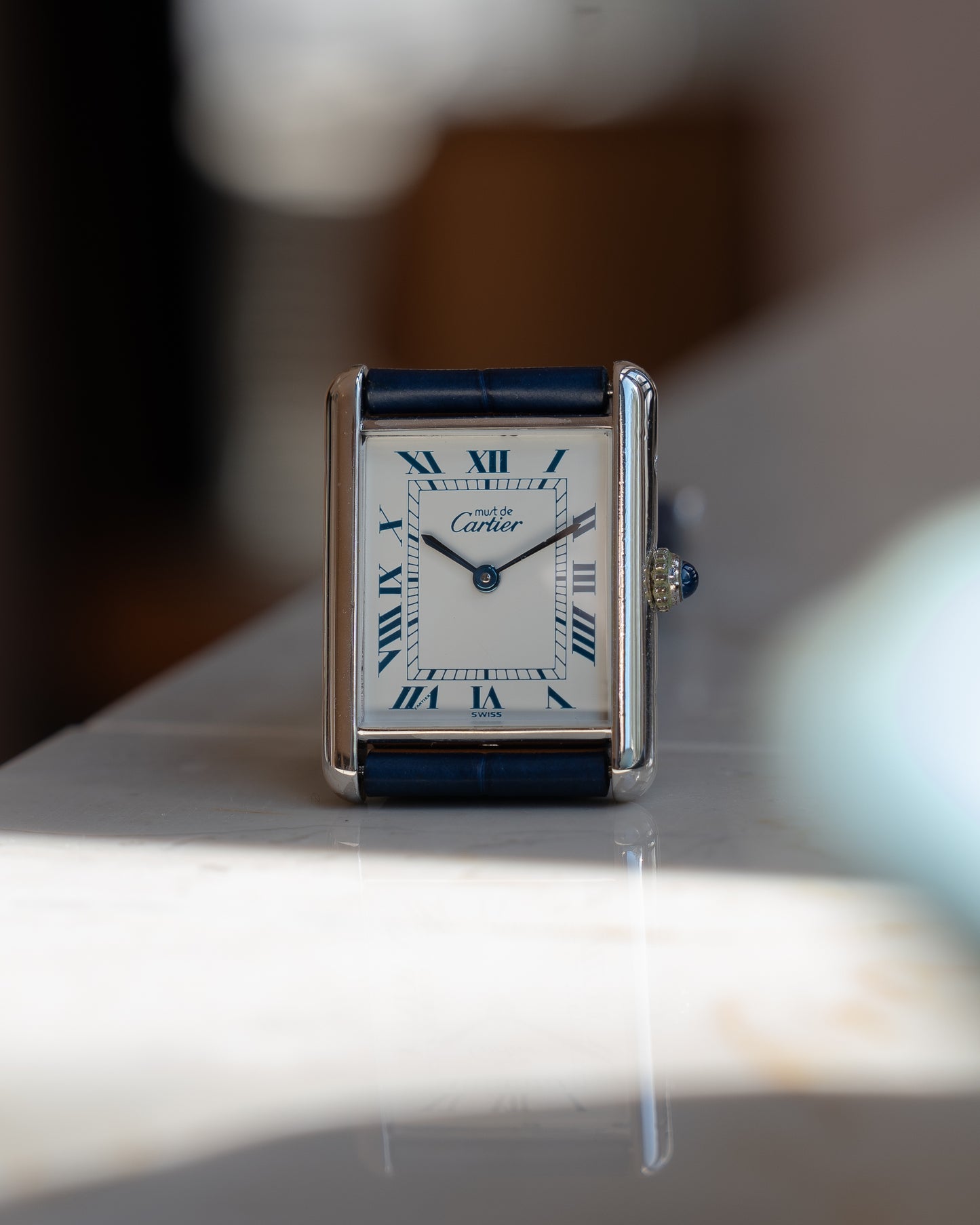 Cartier Must Tank Blue Roman numeral white dial, silver case - LM size