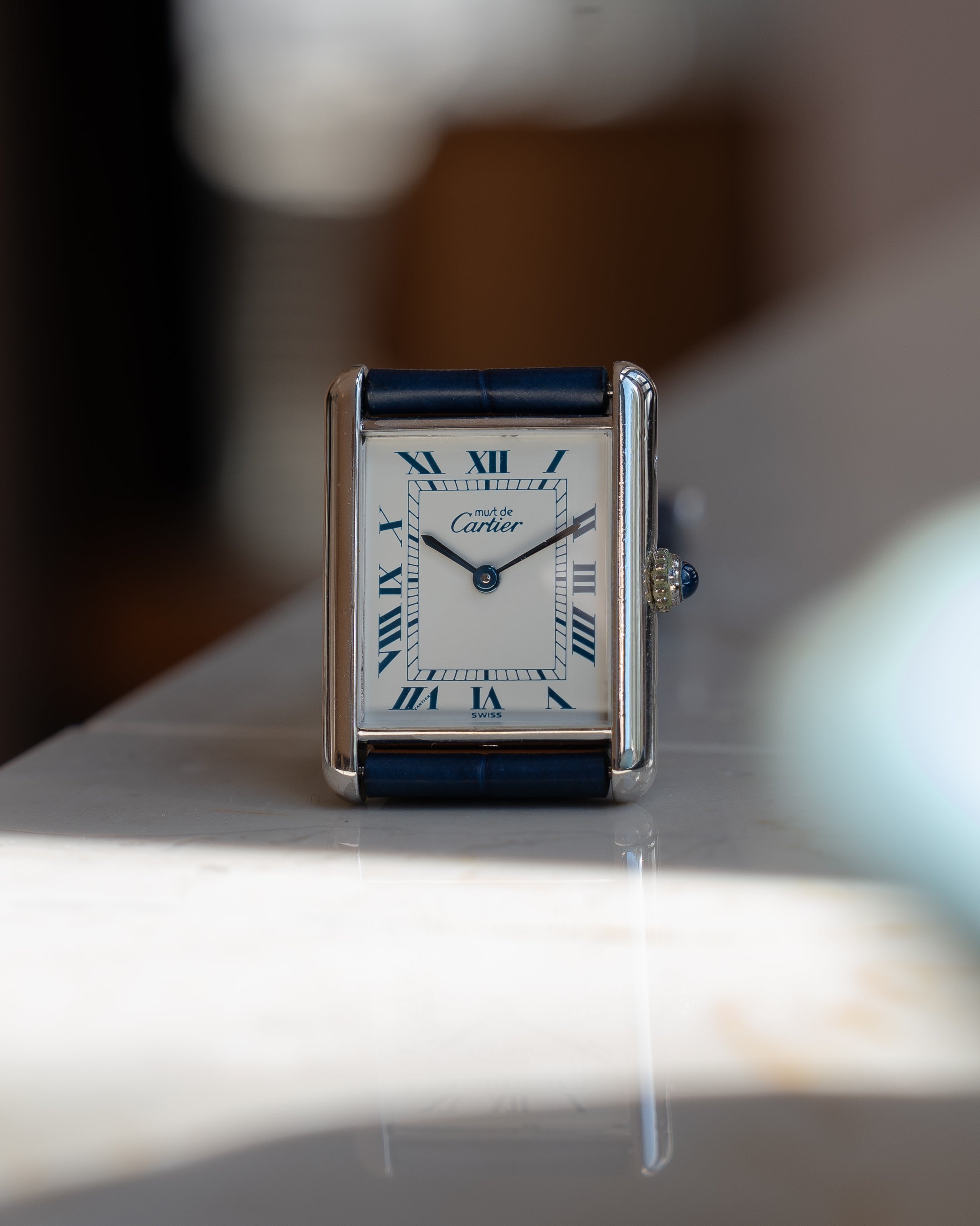 Cartier Must Tank Blue Roman numeral white dial, silver case - LM size