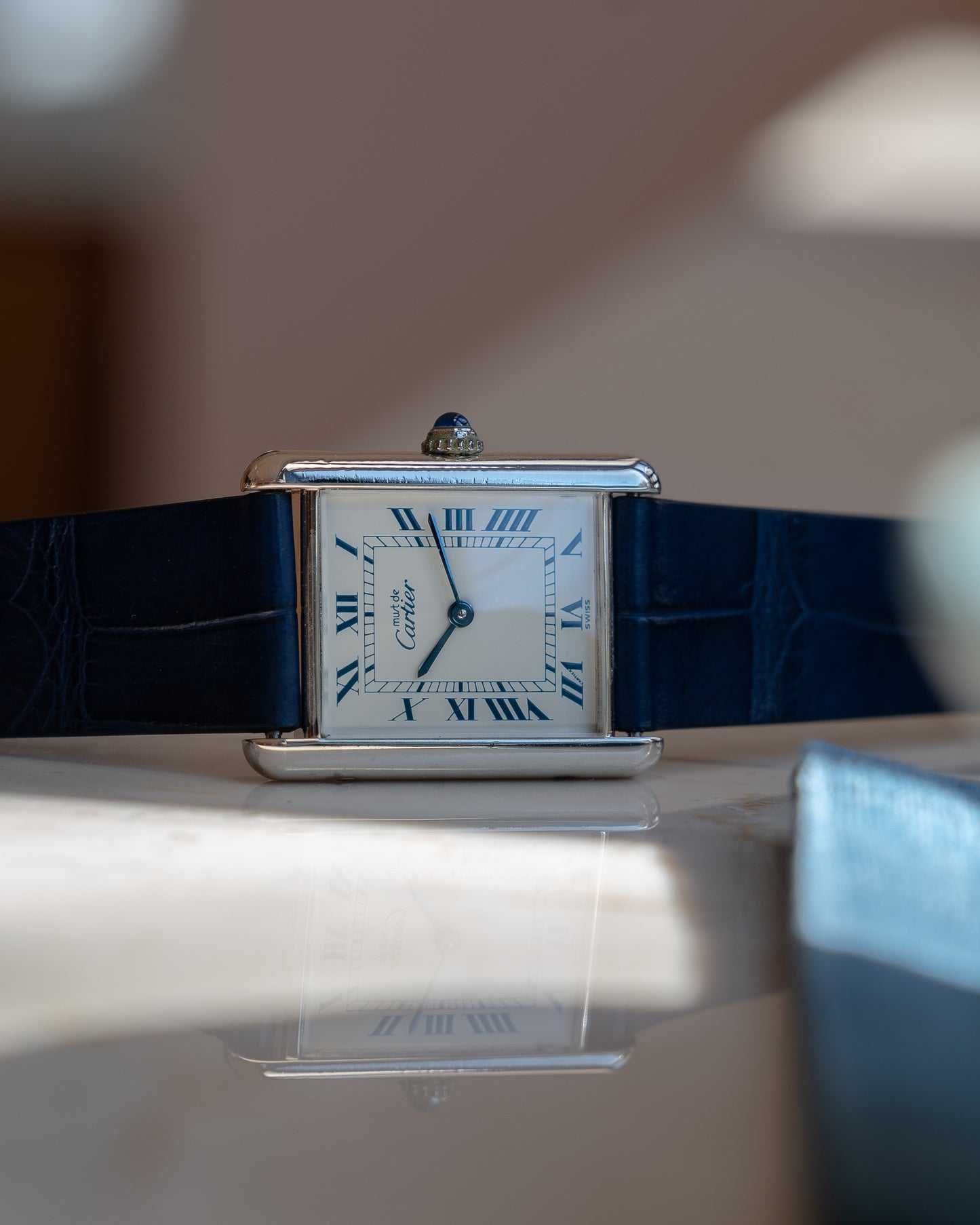 Cartier Must Tank Blue Roman numeral white dial, silver case - LM size