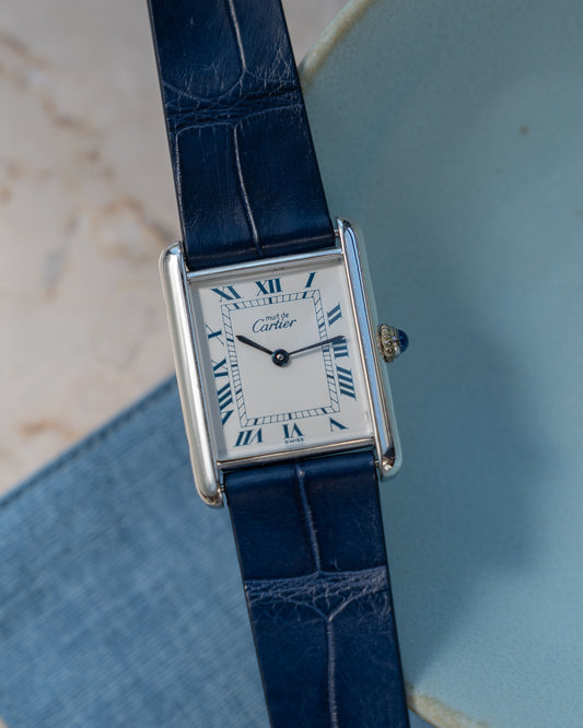 Cartier Must Tank Blue Roman numeral white dial, silver case - LM size